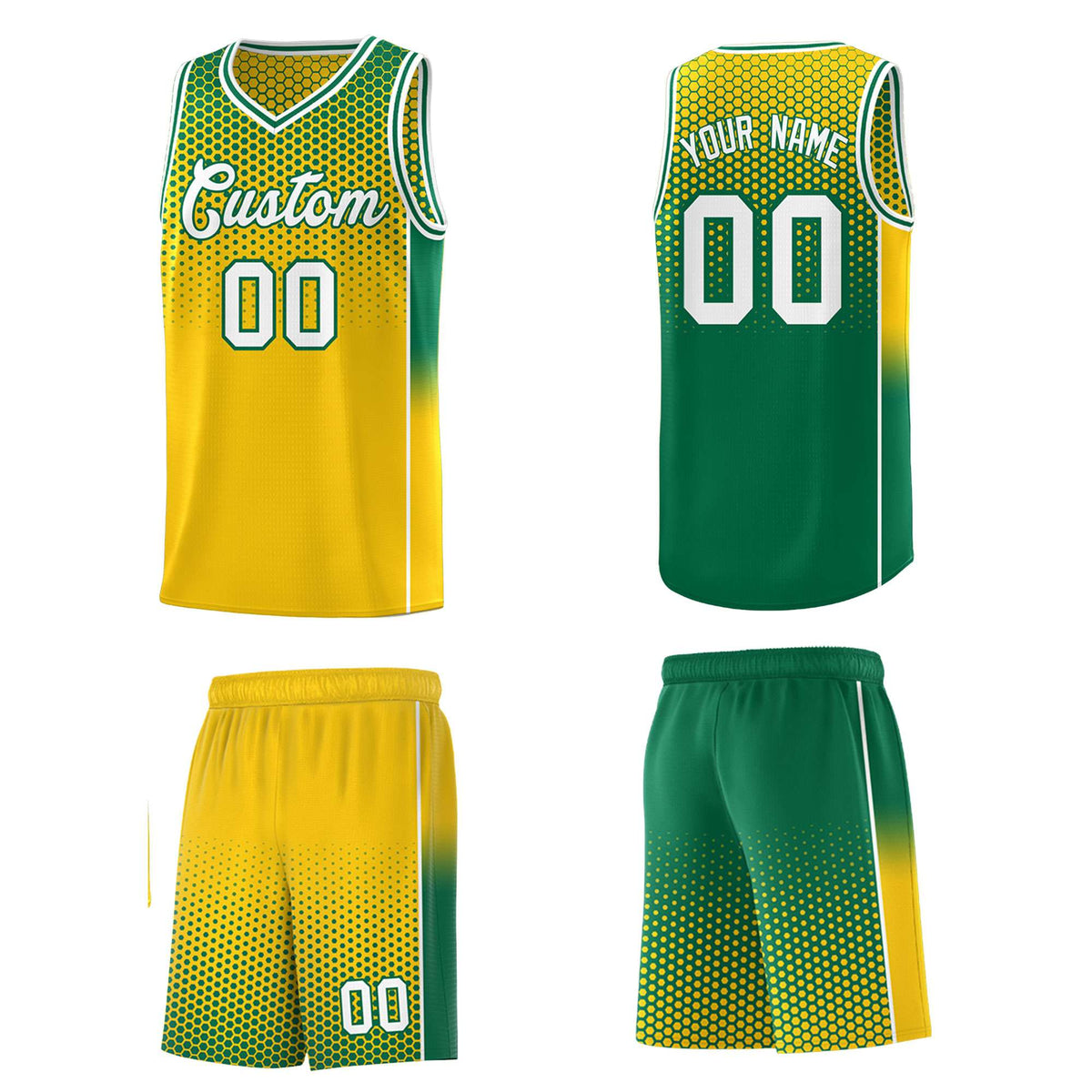 Custom Gold Kelly Green Reversible Side Gradient Sports Uniform Dot Pattern Basketball Jersey Kits