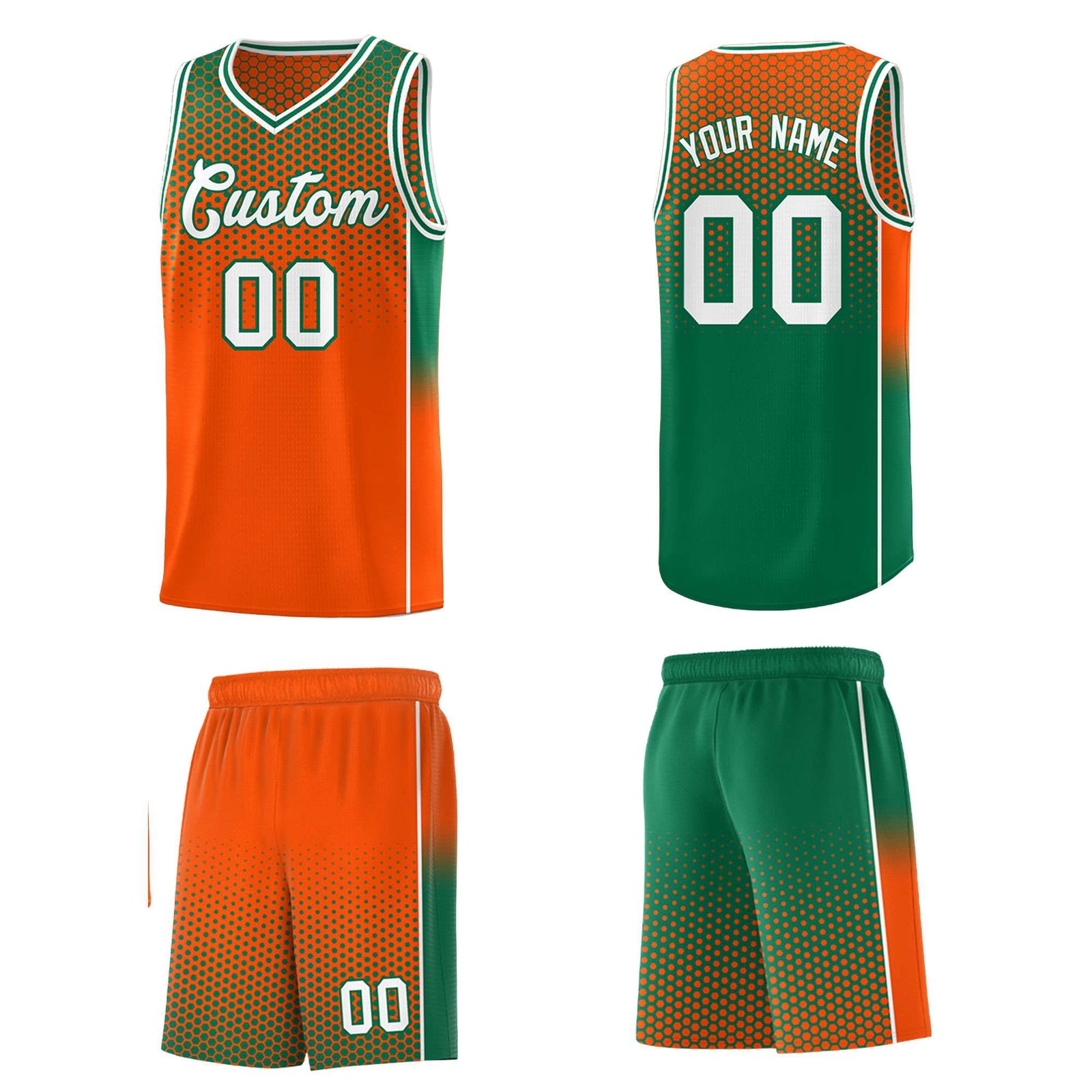 Custom Orange Kelly Green Reversible Side Gradient Sports Uniform Dot Pattern Basketball Jersey Kits