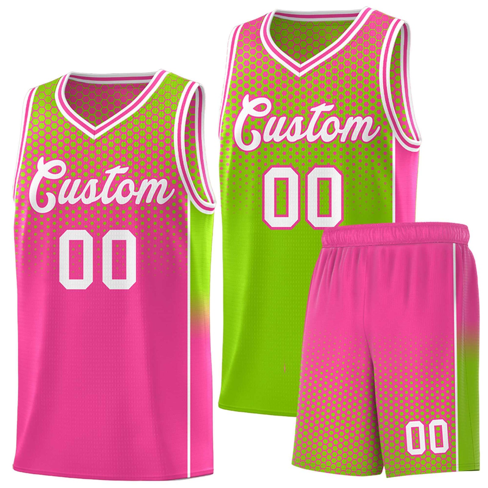 Custom Neon Green Pink Reversible Side Gradient Sports Uniform Dot Pattern Basketball Jersey Kits