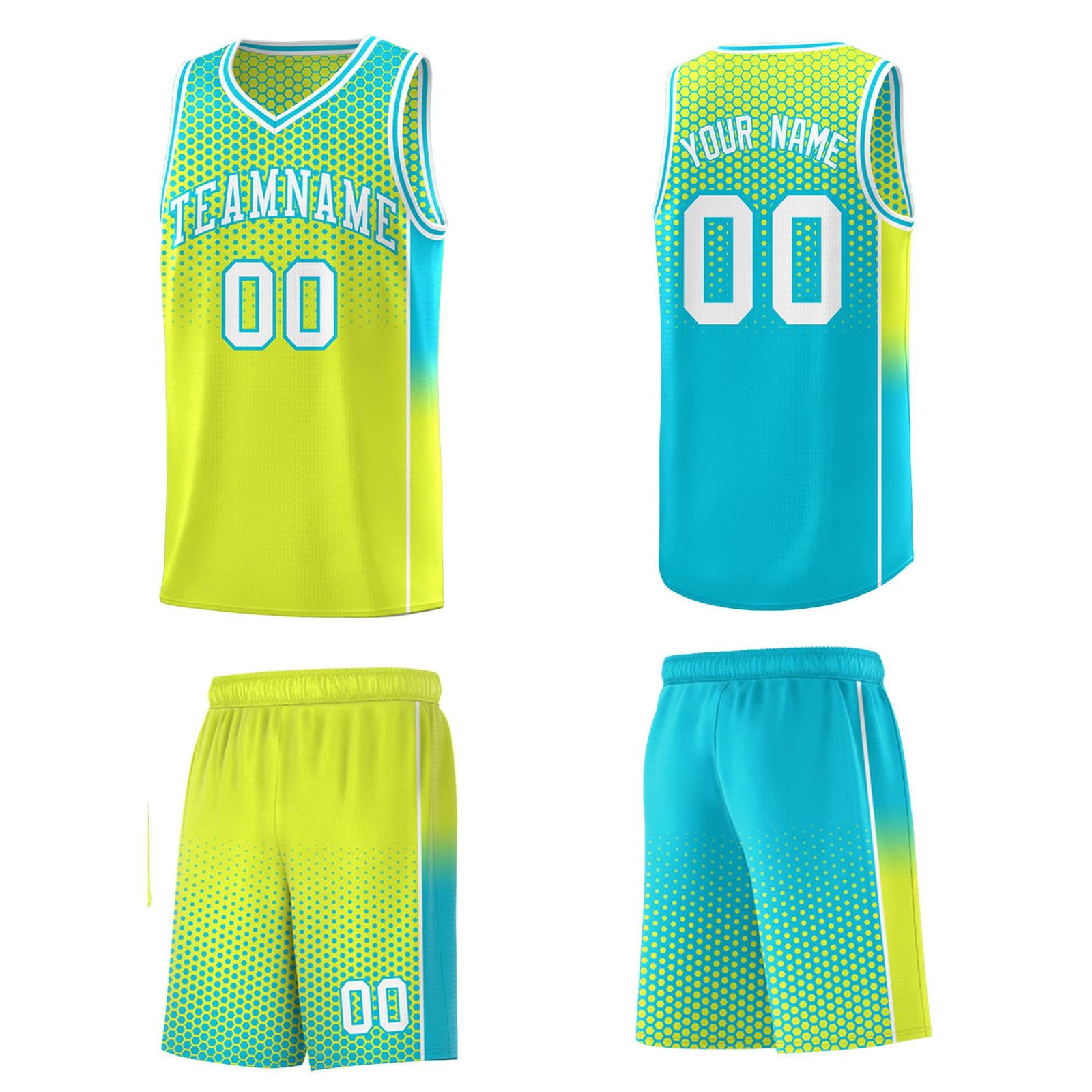 Custom Fluorescent Green Sky Blue Reversible Side Gradient Sports Uniform Dot Pattern Basketball Jersey Kits