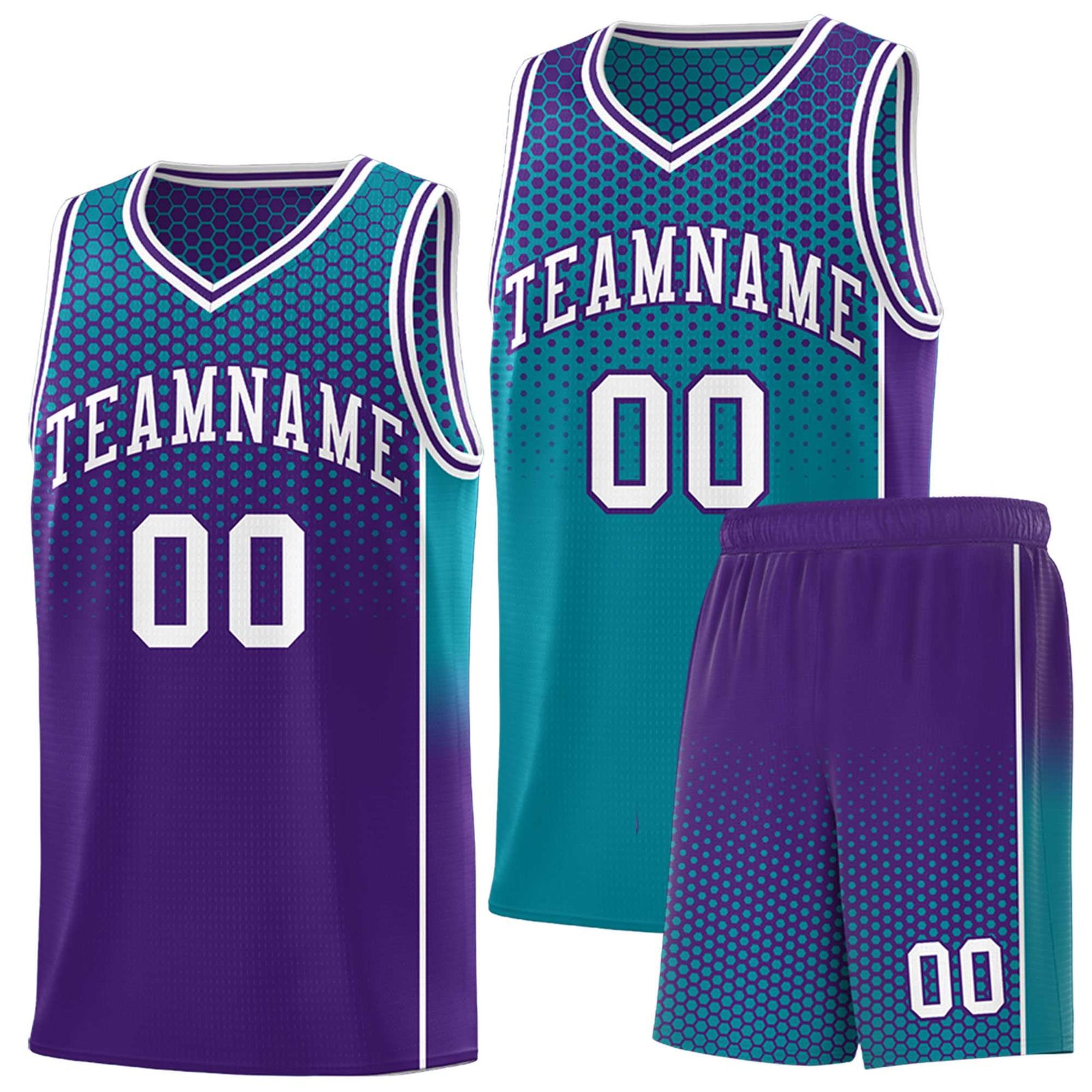 Custom Teal Purple Reversible Side Gradient Sports Uniform Dot Pattern Basketball Jersey Kits