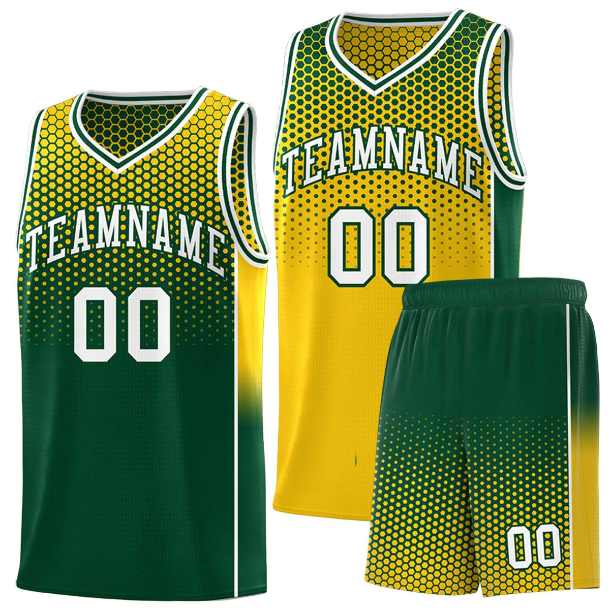 Custom Gold Green Reversible Side Gradient Sports Uniform Dot Pattern Basketball Jersey Kits