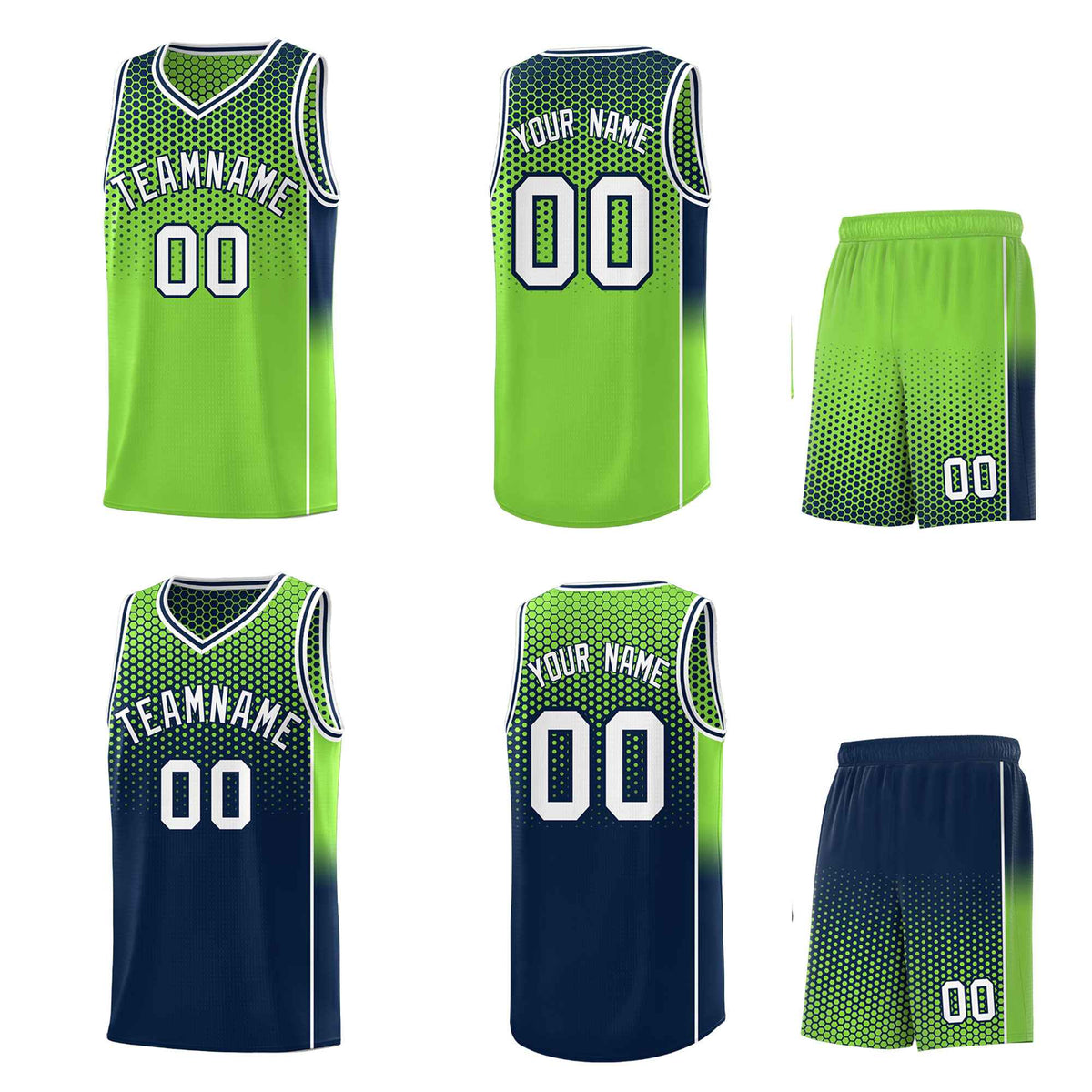 Custom Neon Green Navy Reversible Side Gradient Sports Uniform Dot Pattern Basketball Jersey Kits