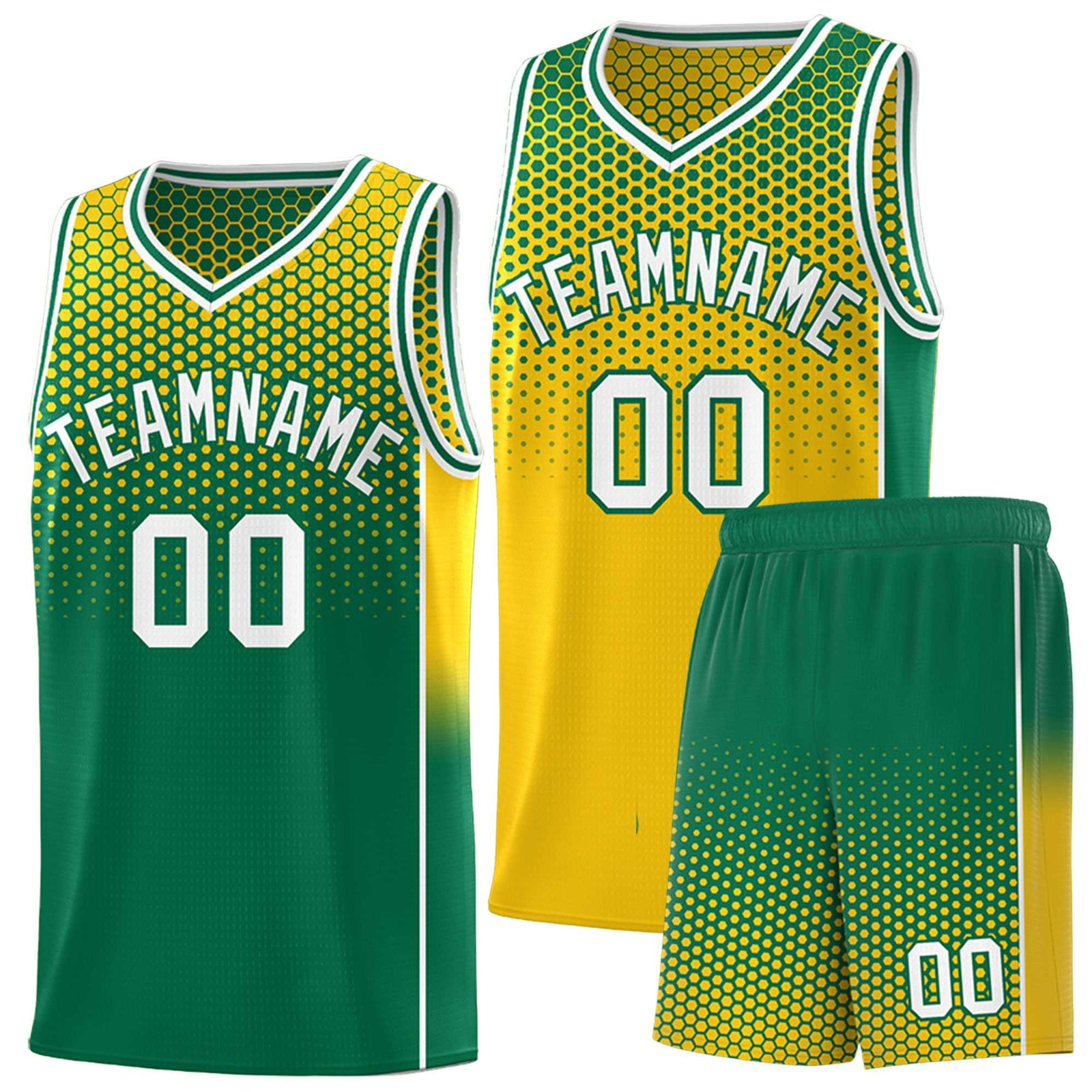 Custom Gold Kelly Green Reversible Side Gradient Sports Uniform Dot Pattern Basketball Jersey Kits