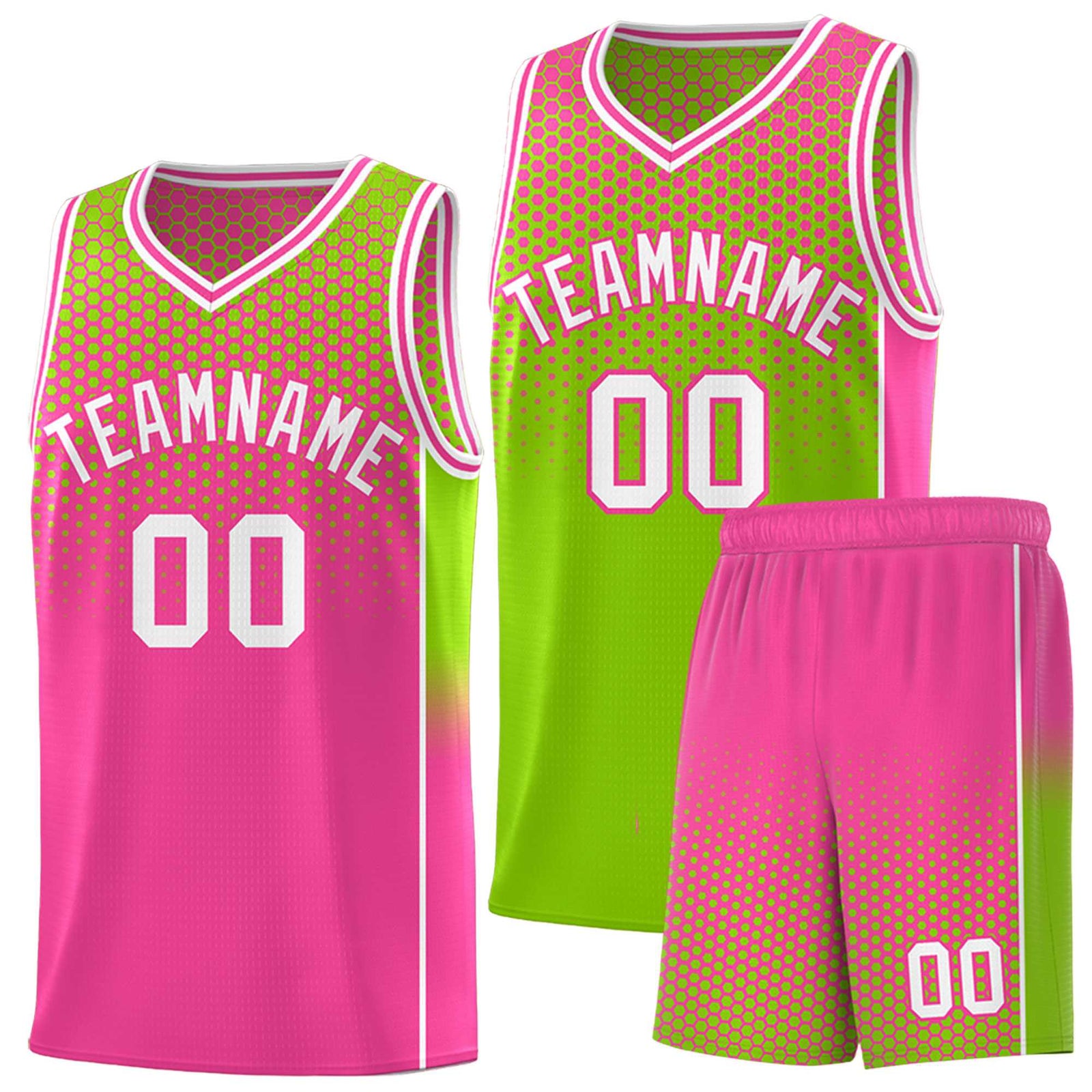 Custom Neon Green Pink Reversible Side Gradient Sports Uniform Dot Pattern Basketball Jersey Kits