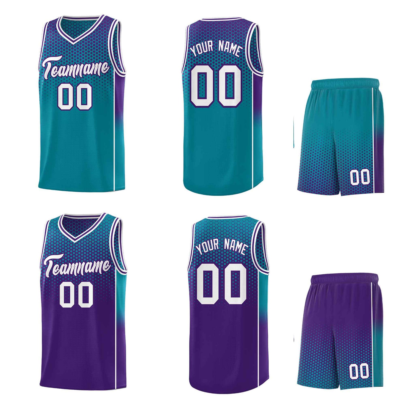 Custom Teal Purple Reversible Side Gradient Sports Uniform Dot Pattern Basketball Jersey Kits