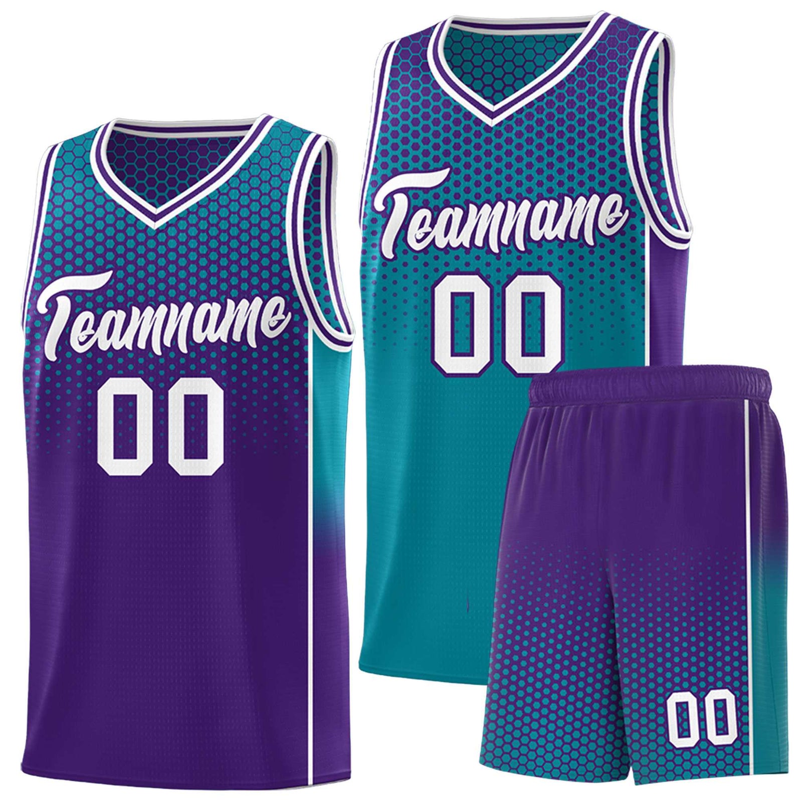 Custom Teal Purple Reversible Side Gradient Sports Uniform Dot Pattern Basketball Jersey Kits