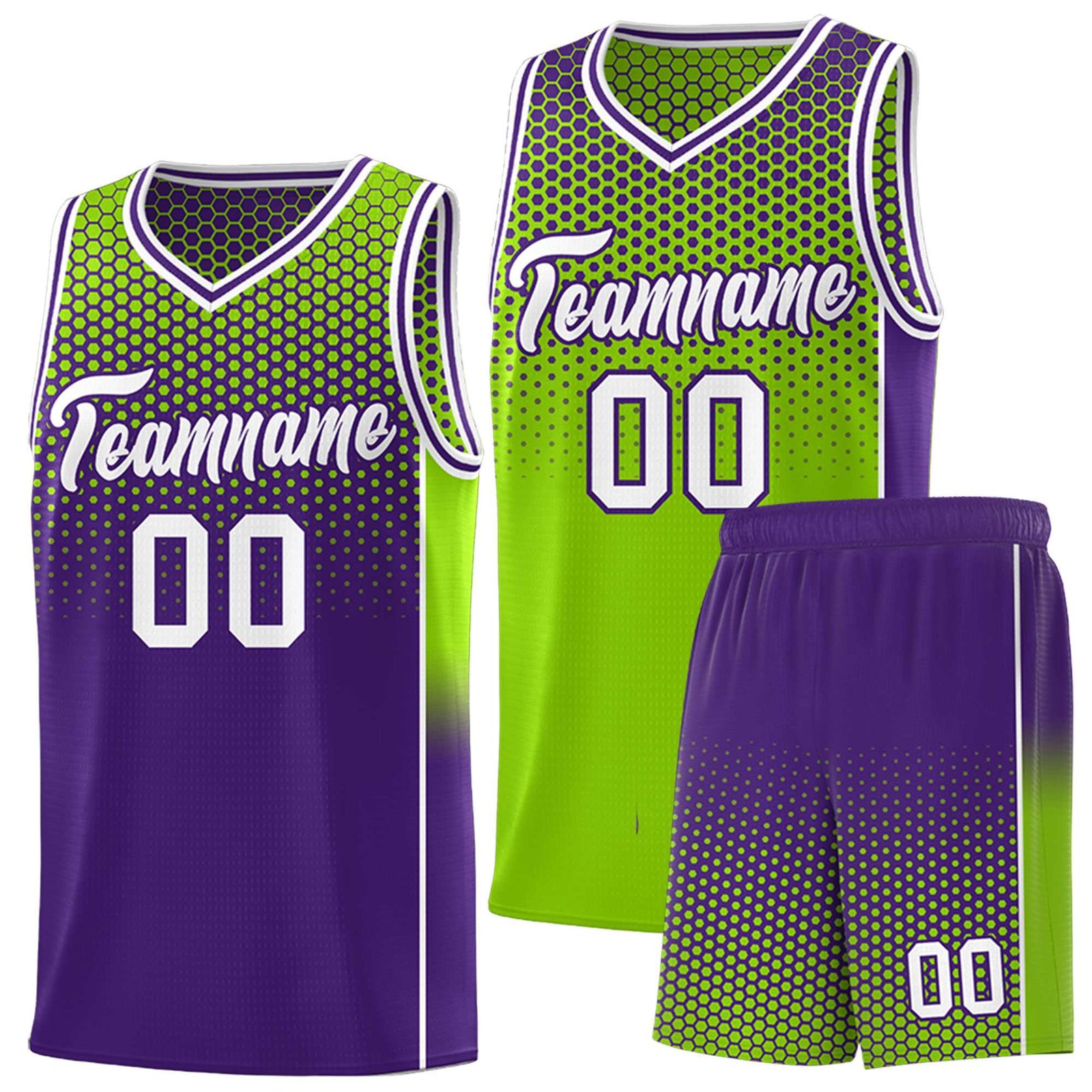 Custom Neon Green Purple Reversible Side Gradient Sports Uniform Dot Pattern Basketball Jersey Kits