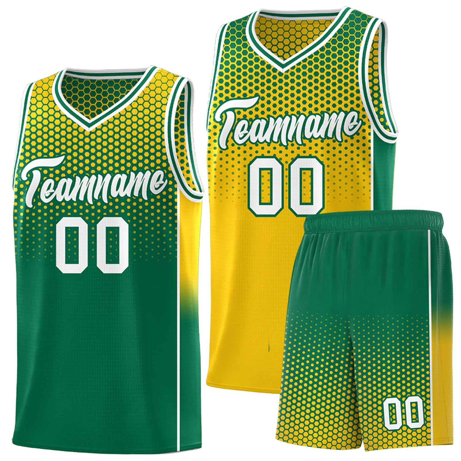 Custom Gold Kelly Green Reversible Side Gradient Sports Uniform Dot Pattern Basketball Jersey Kits