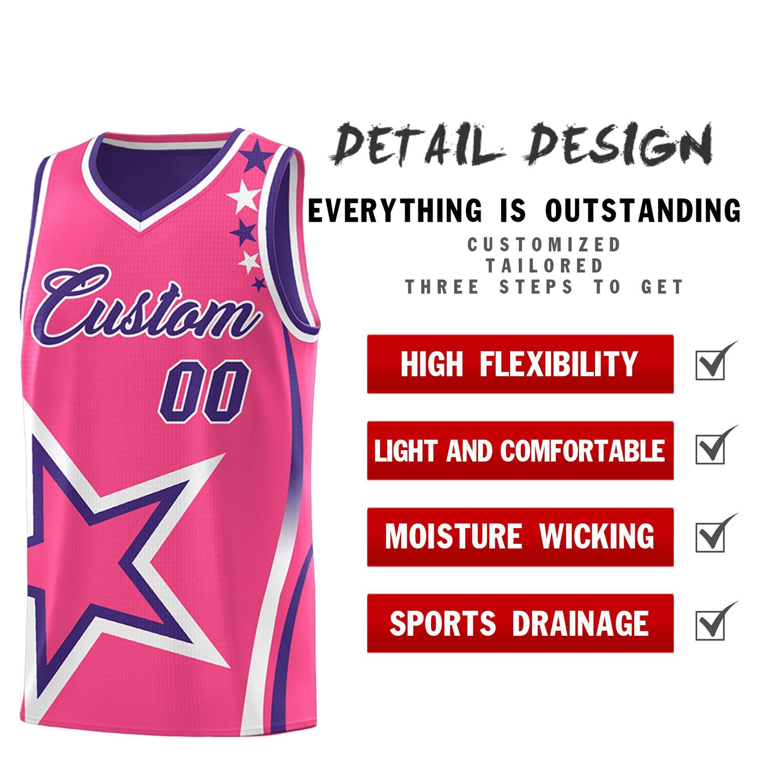 Custom Purple Pink Reversible Color Block Start Pattern Sports Uniform Basketball Jersey Kits