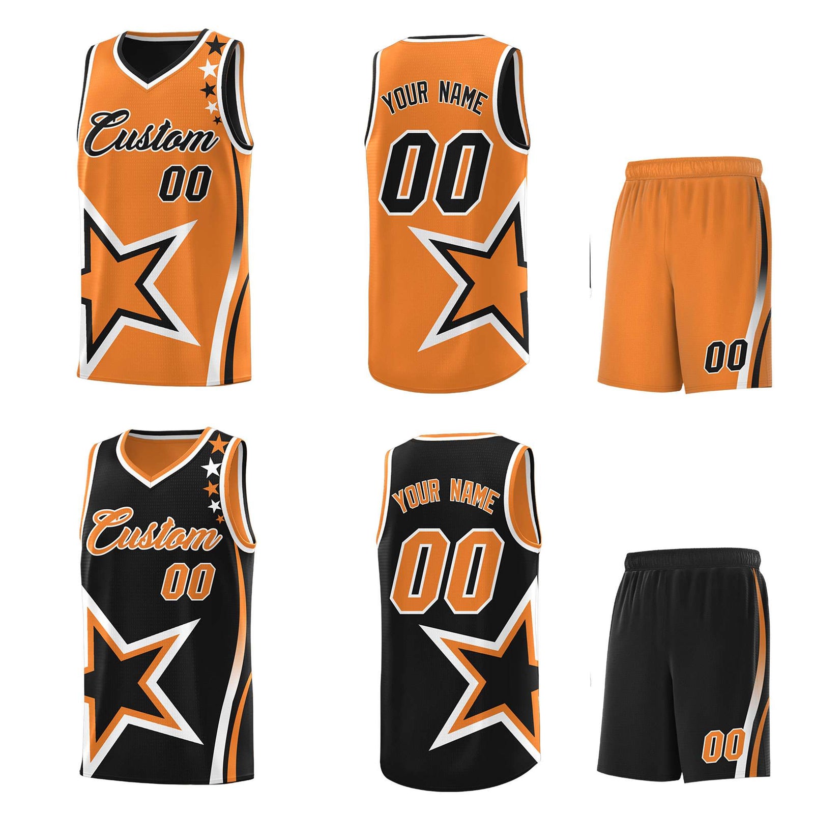Custom Black Orange Reversible Color Block Start Pattern Sports Uniform Basketball Jersey Kits
