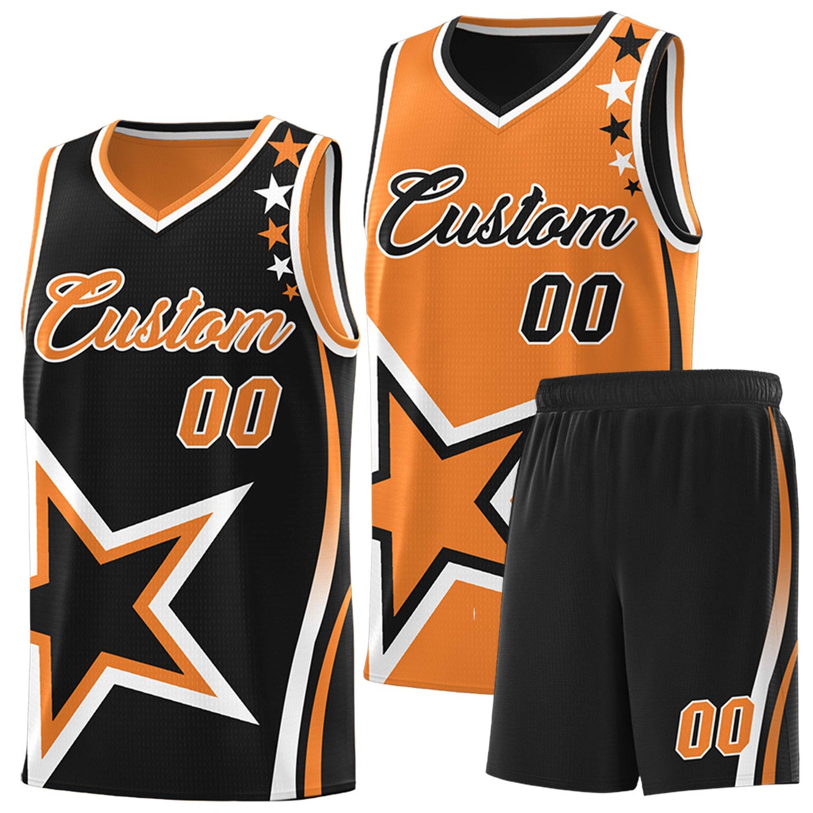 Custom Black Orange Reversible Color Block Start Pattern Sports Uniform Basketball Jersey Kits