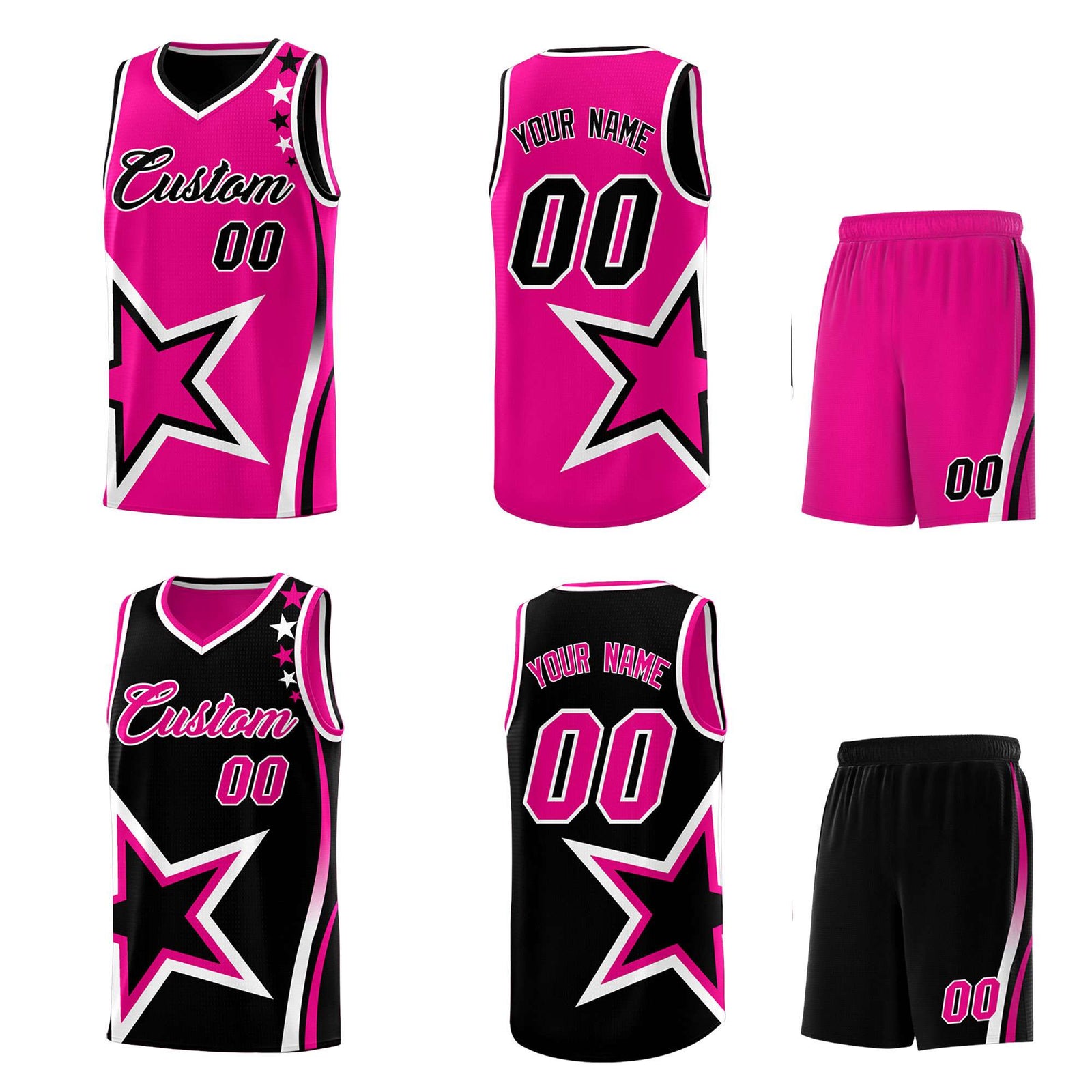 Custom Black Rose red Reversible Color Block Start Pattern Sports Uniform Basketball Jersey Kits