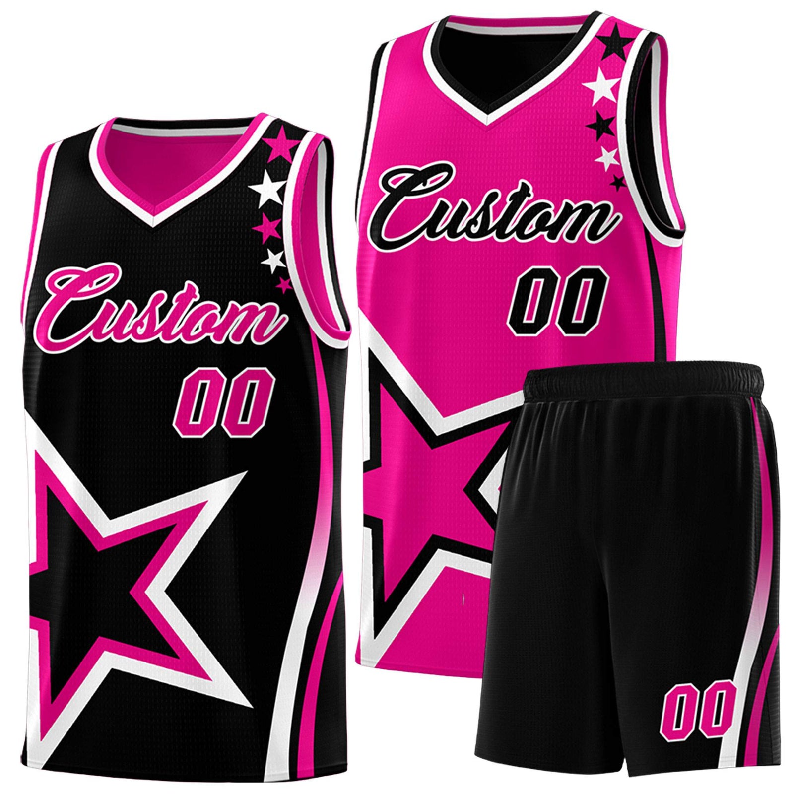 Custom Black Rose red Reversible Color Block Start Pattern Sports Uniform Basketball Jersey Kits