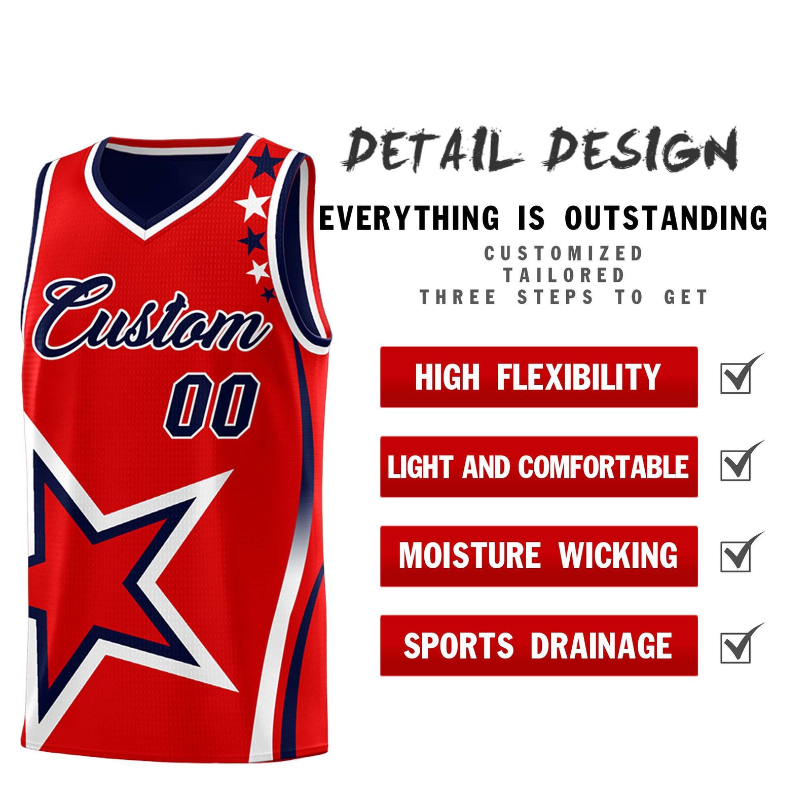 Custom Navy Red Reversible Color Block Start Pattern Sports Uniform Basketball Jersey Kits