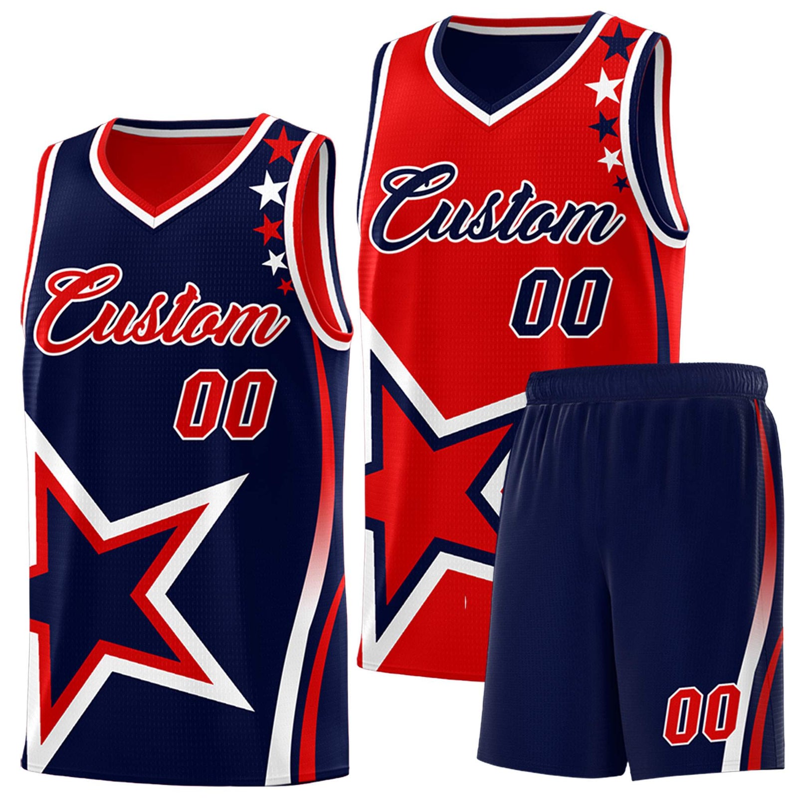 Custom Navy Red Reversible Color Block Start Pattern Sports Uniform Basketball Jersey Kits