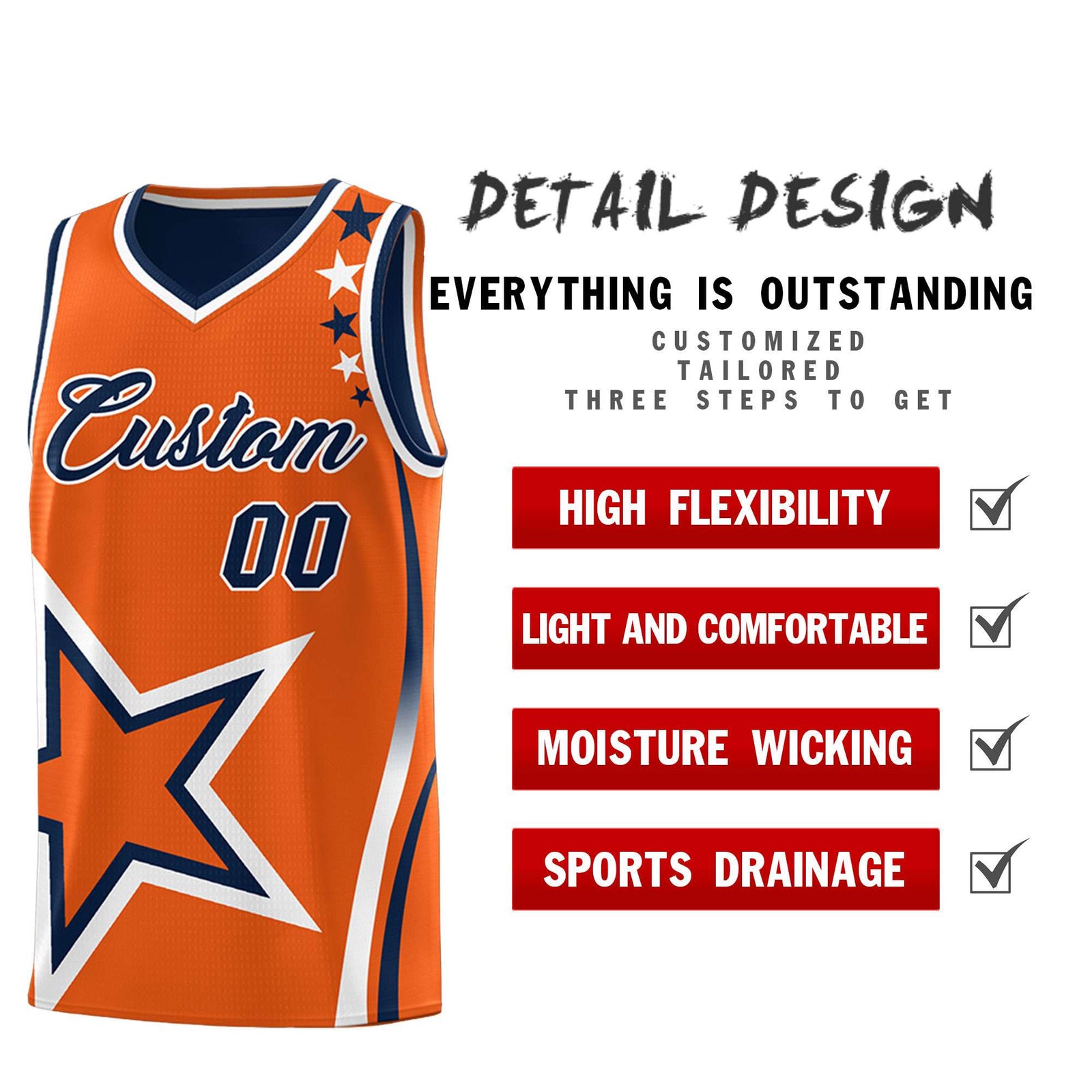 Custom Navy Orange Reversible Color Block Start Pattern Sports Uniform Basketball Jersey Kits