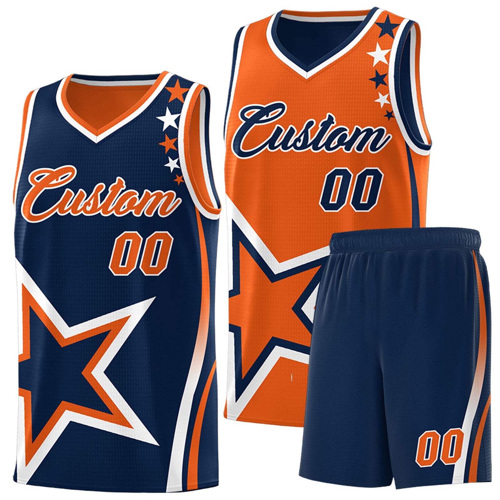 Custom Navy Orange Reversible Color Block Start Pattern Sports Uniform Basketball Jersey Kits