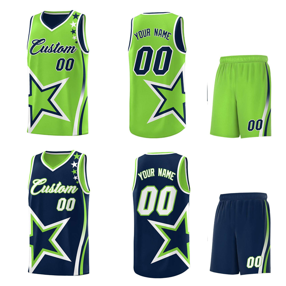 Custom Navy Neon Green Reversible Color Block Start Pattern Sports Uniform Basketball Jersey Kits