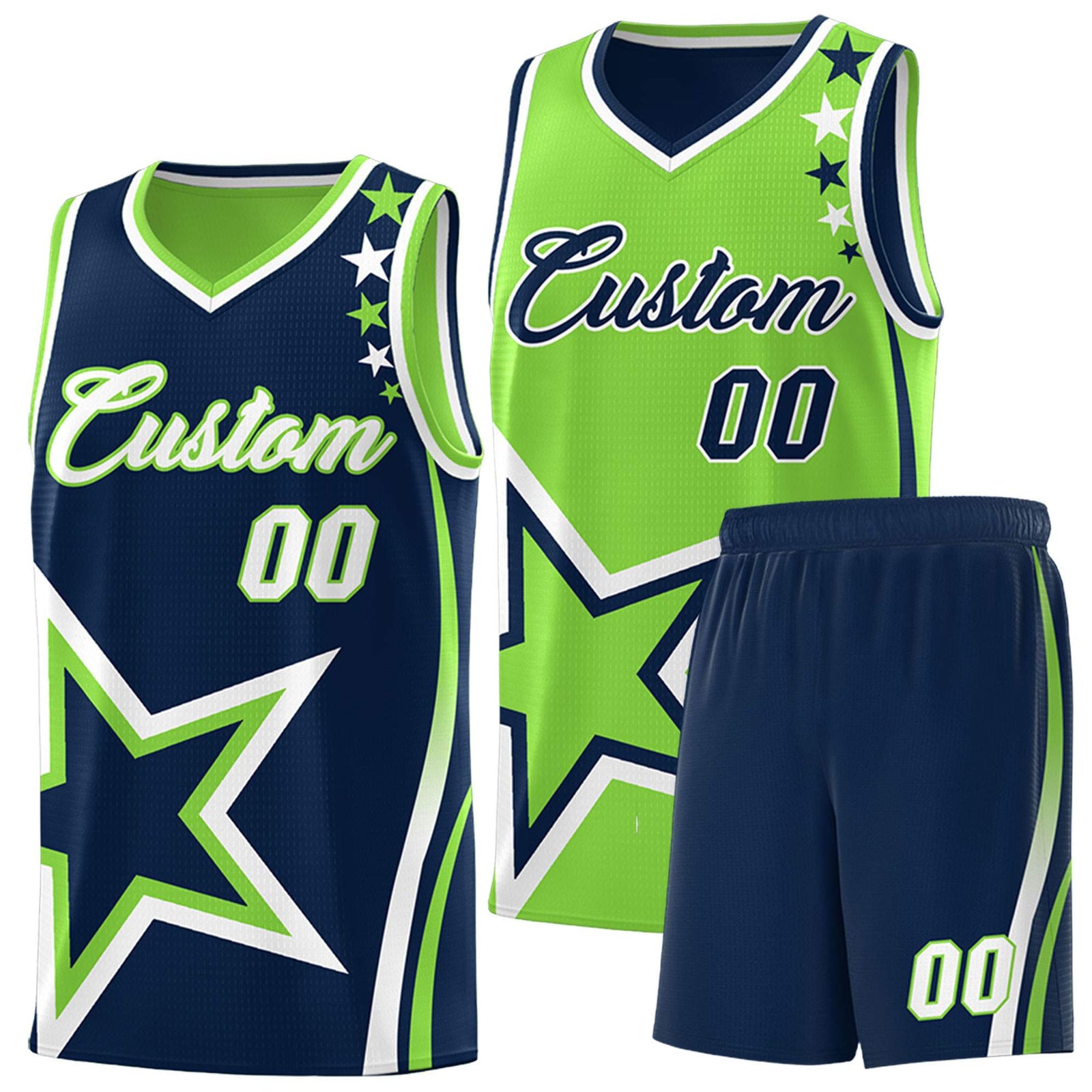 Custom Navy Neon Green Reversible Color Block Start Pattern Sports Uniform Basketball Jersey Kits