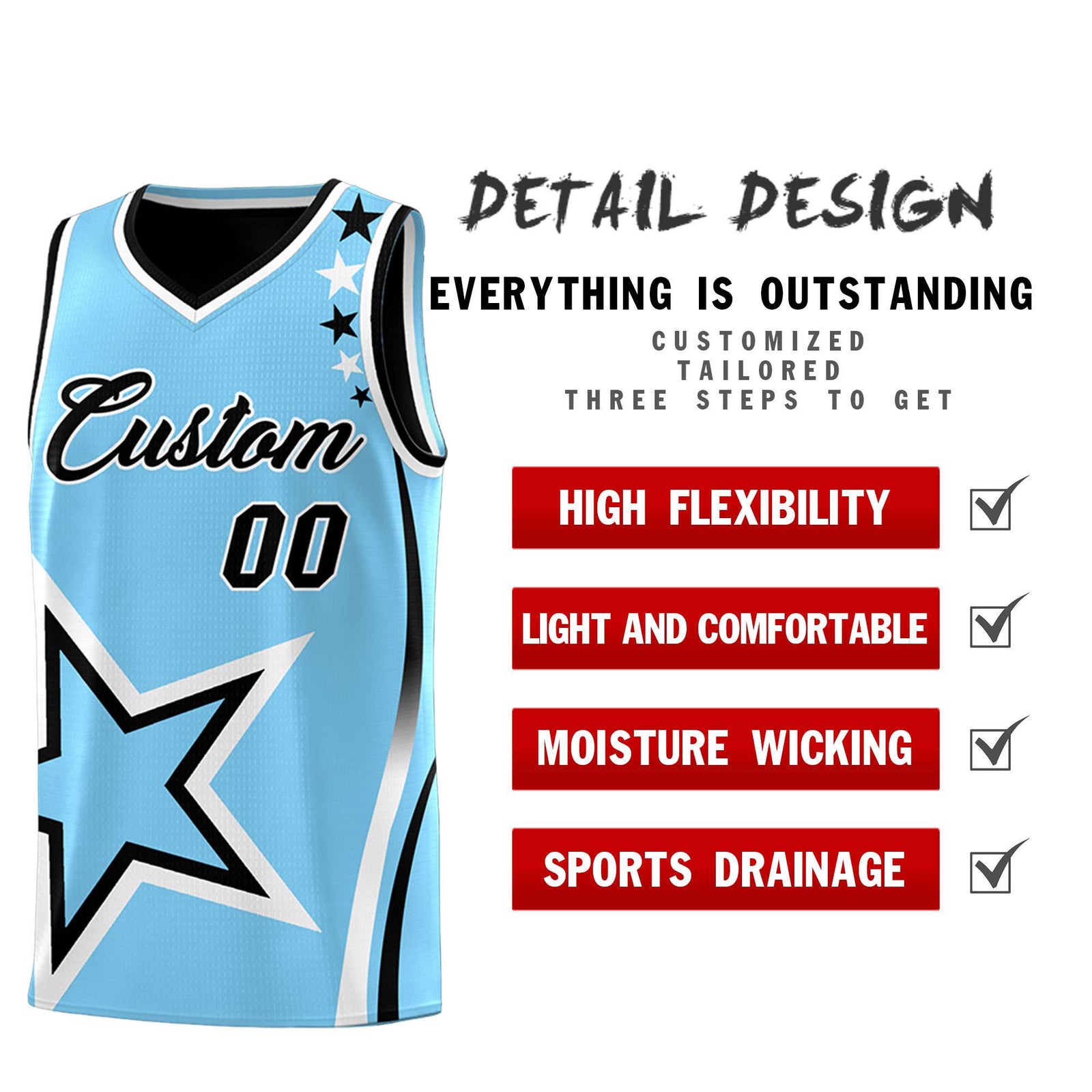 Custom Black Powder Blue Reversible Color Block Start Pattern Sports Uniform Basketball Jersey Kits