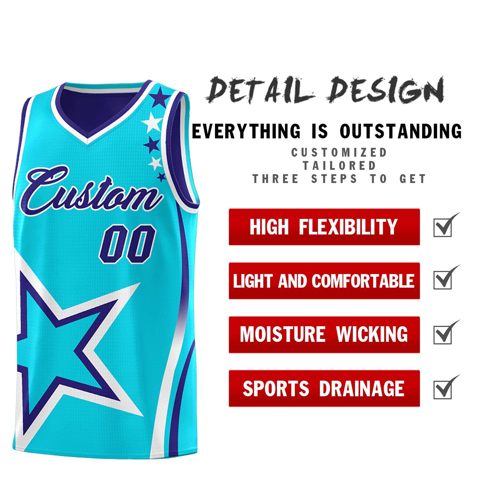 Custom Royal Light Blue Reversible Color Block Start Pattern Sports Uniform Basketball Jersey Kits