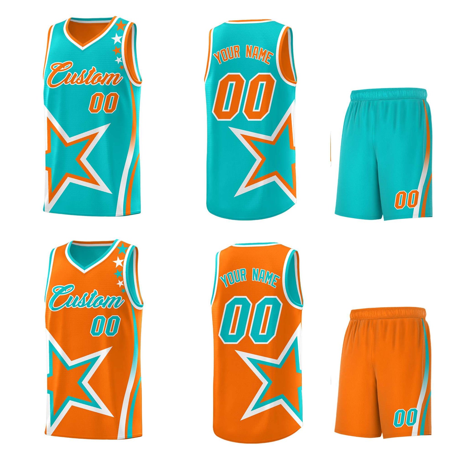 Custom Orange Bright Green Reversible Color Block Start Pattern Sports Uniform Basketball Jersey Kits