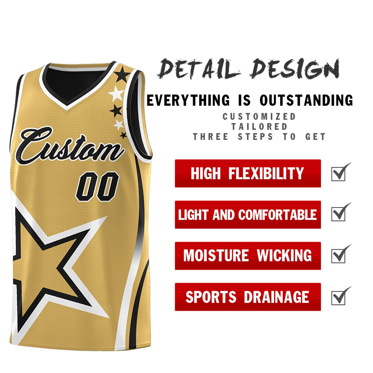 Custom Black Old Gold Reversible Color Block Start Pattern Sports Uniform Basketball Jersey Kits