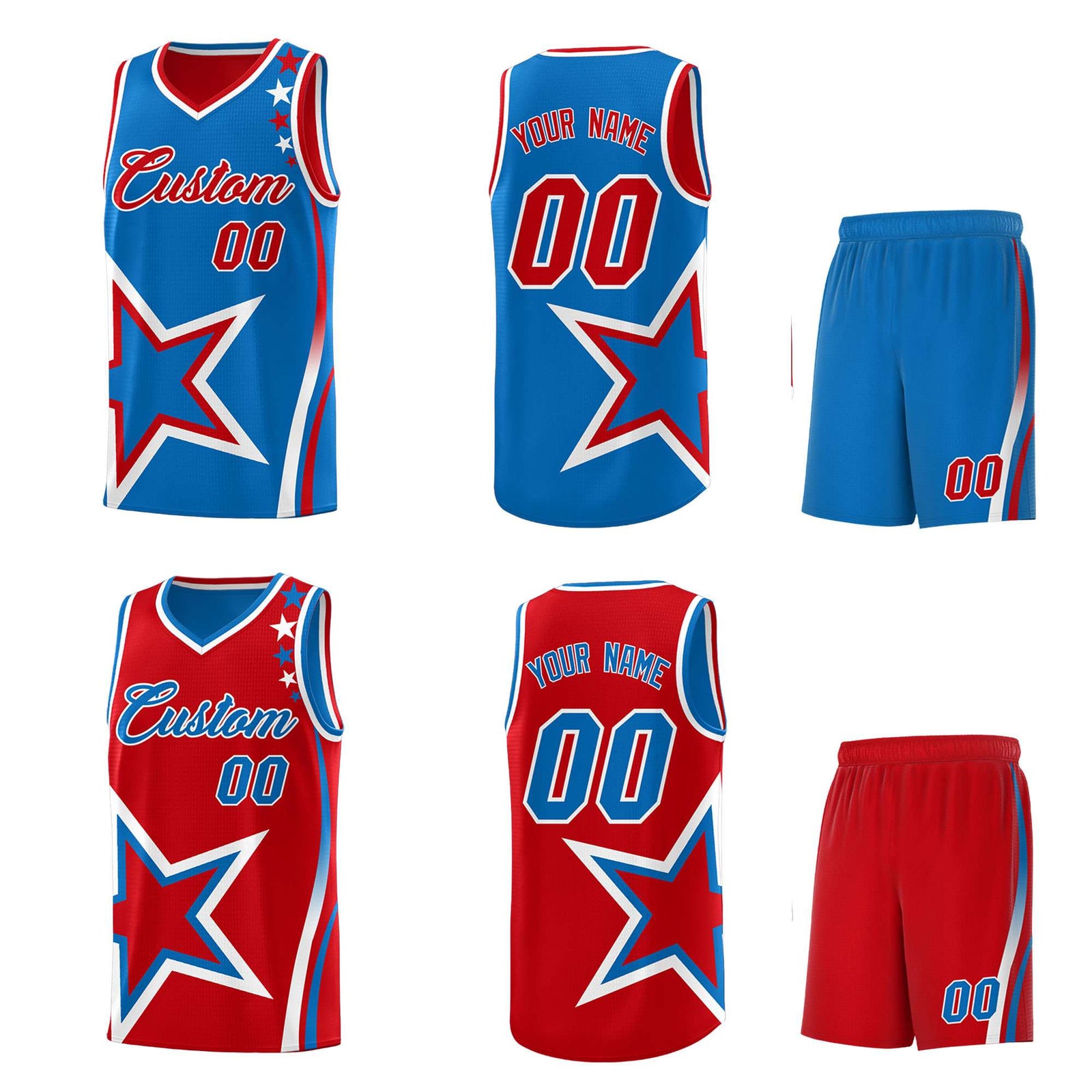 Custom Red Royal Reversible Color Block Start Pattern Sports Uniform Basketball Jersey Kits