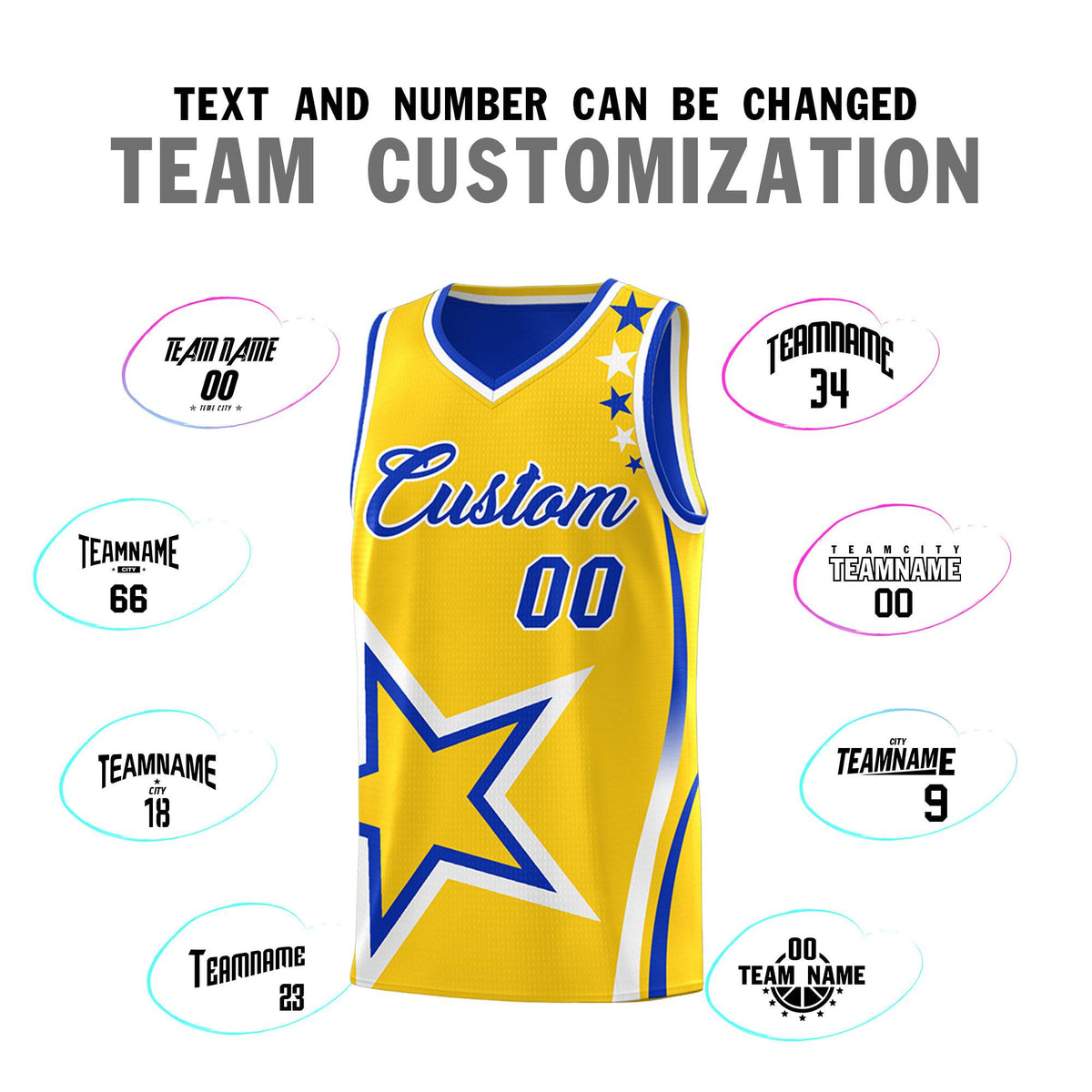 Custom Royal Gold Reversible Color Block Start Pattern Sports Uniform Basketball Jersey Kits