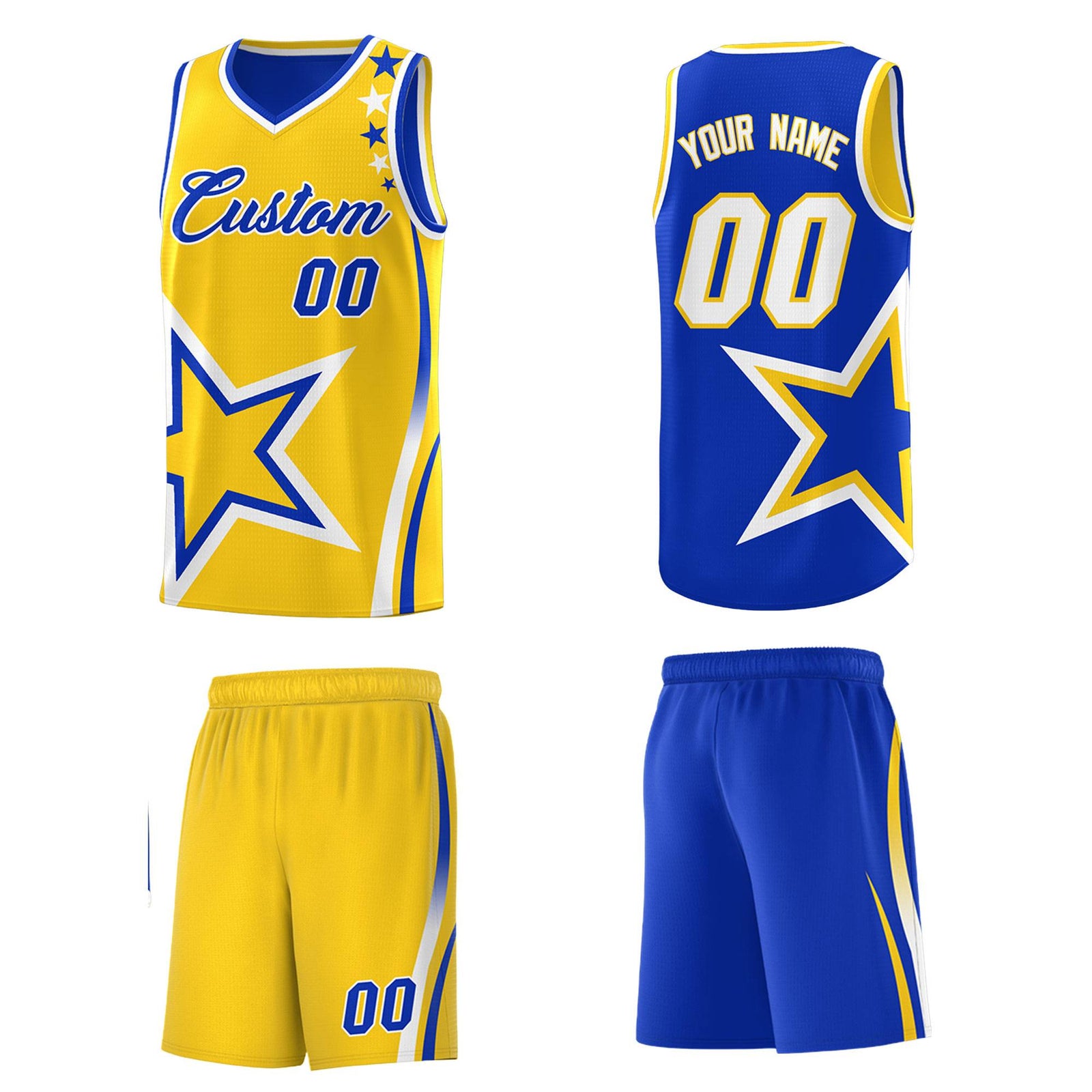 Custom Royal Gold Reversible Color Block Start Pattern Sports Uniform Basketball Jersey Kits
