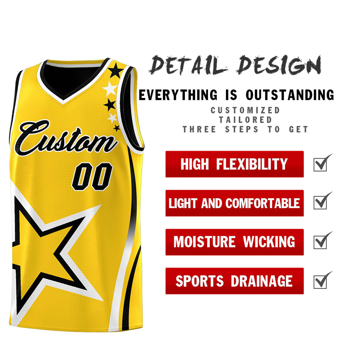 Custom Black Gold Reversible Color Block Start Pattern Sports Uniform Basketball Jersey Kits