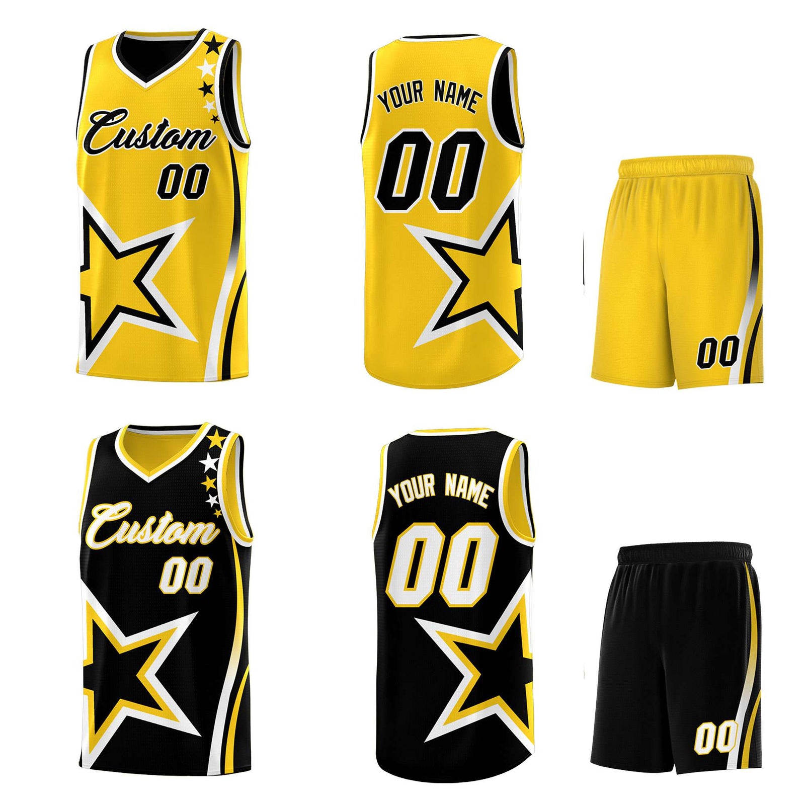 Custom Black Gold Reversible Color Block Start Pattern Sports Uniform Basketball Jersey Kits