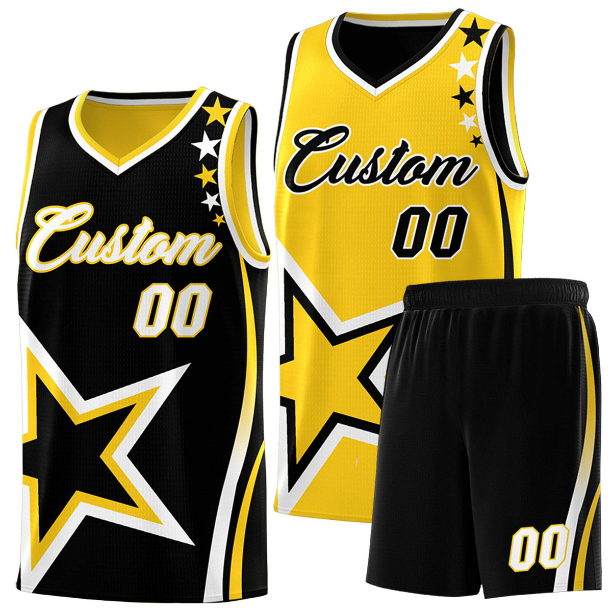 Custom Black Gold Reversible Color Block Start Pattern Sports Uniform Basketball Jersey Kits