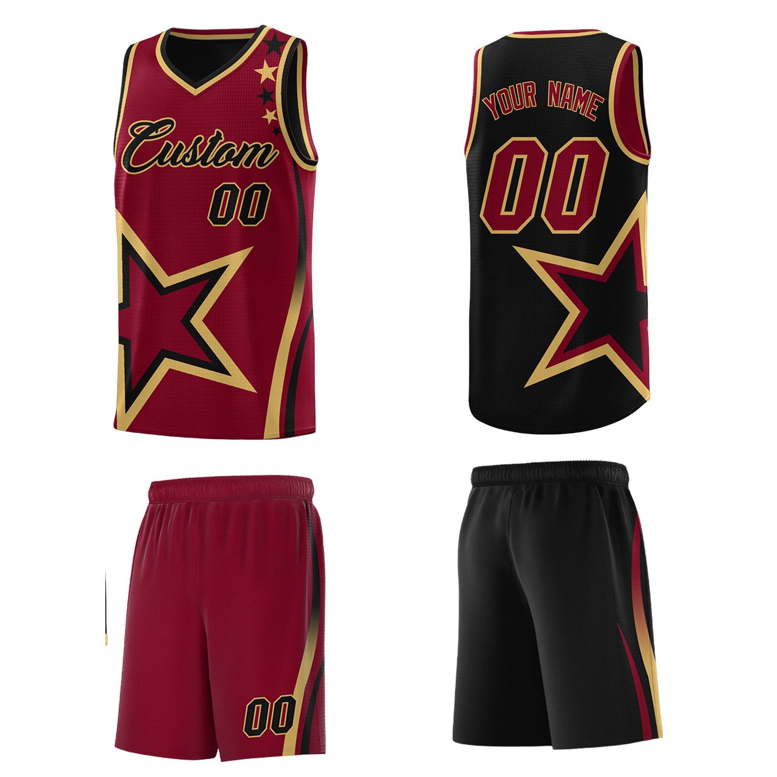 Custom Black Crimson Reversible Color Block Start Pattern Sports Uniform Basketball Jersey Kits