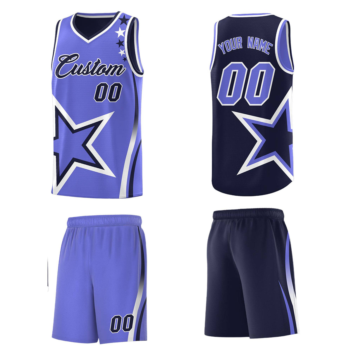 Custom Royal Purple Reversible Color Block Start Pattern Sports Uniform Basketball Jersey Kits