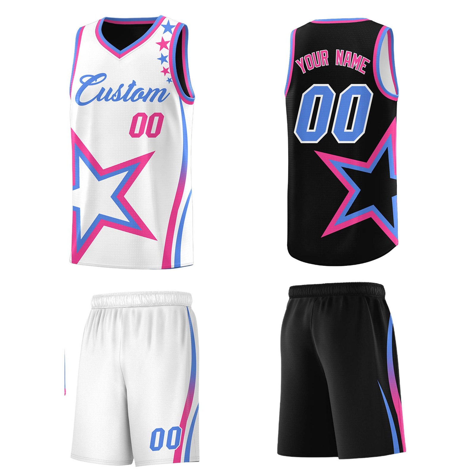 Custom Black White Reversible Color Block Start Pattern Sports Uniform Basketball Jersey Kits