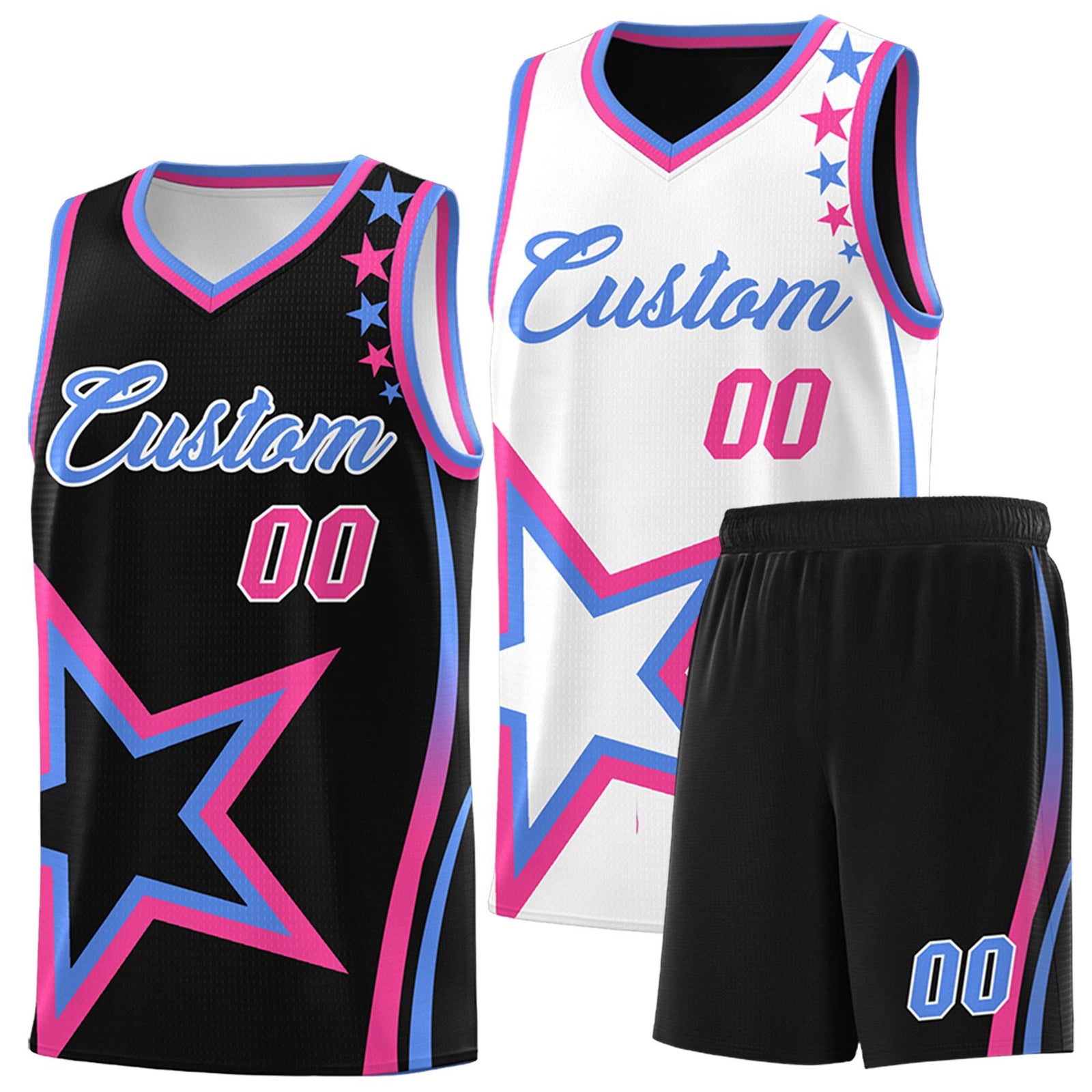 Custom Black White Reversible Color Block Start Pattern Sports Uniform Basketball Jersey Kits