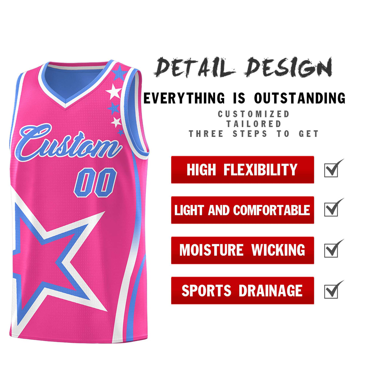 Custom Light Blue Pink Reversible Color Block Start Pattern Sports Uniform Basketball Jersey Kits