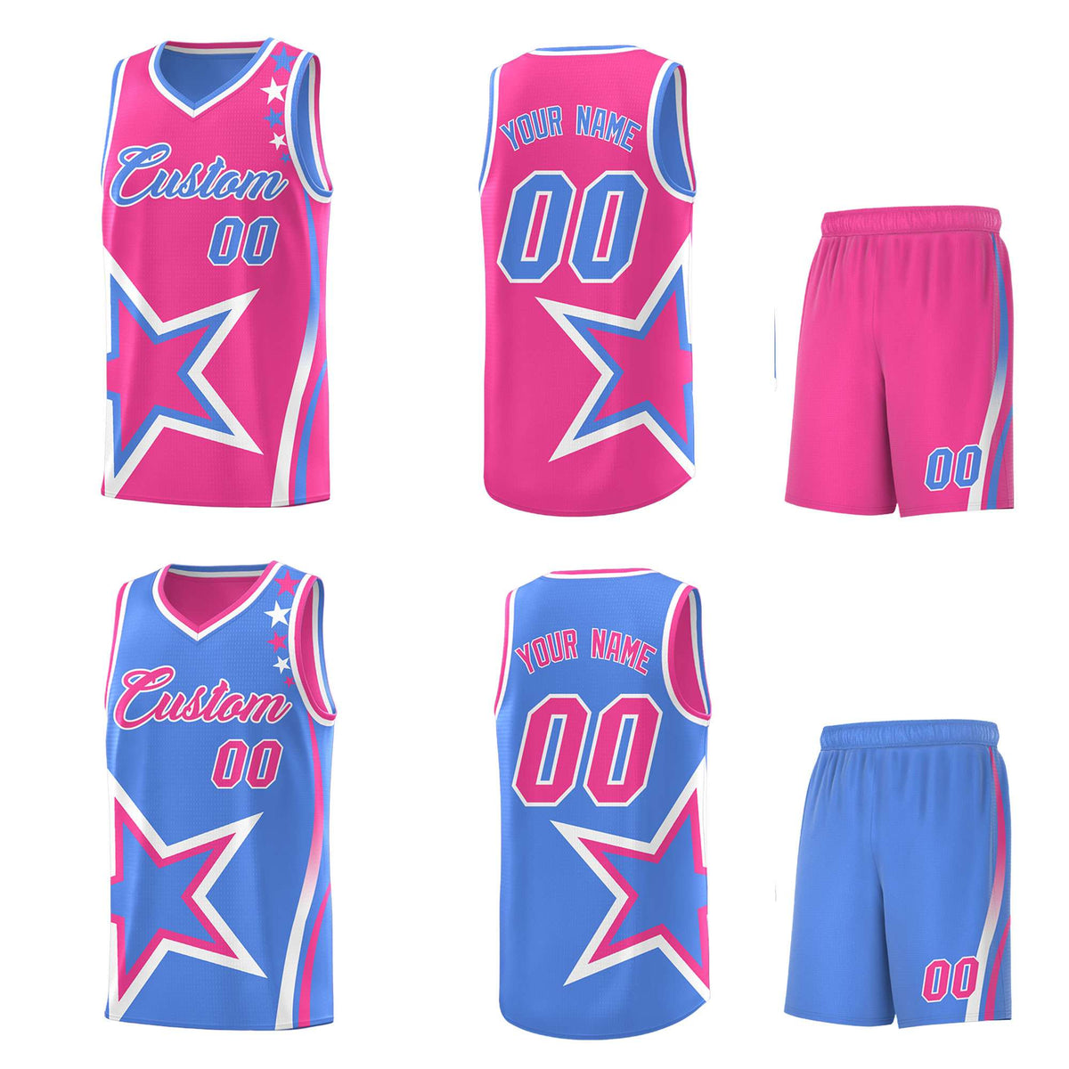 Custom Light Blue Pink Reversible Color Block Start Pattern Sports Uniform Basketball Jersey Kits