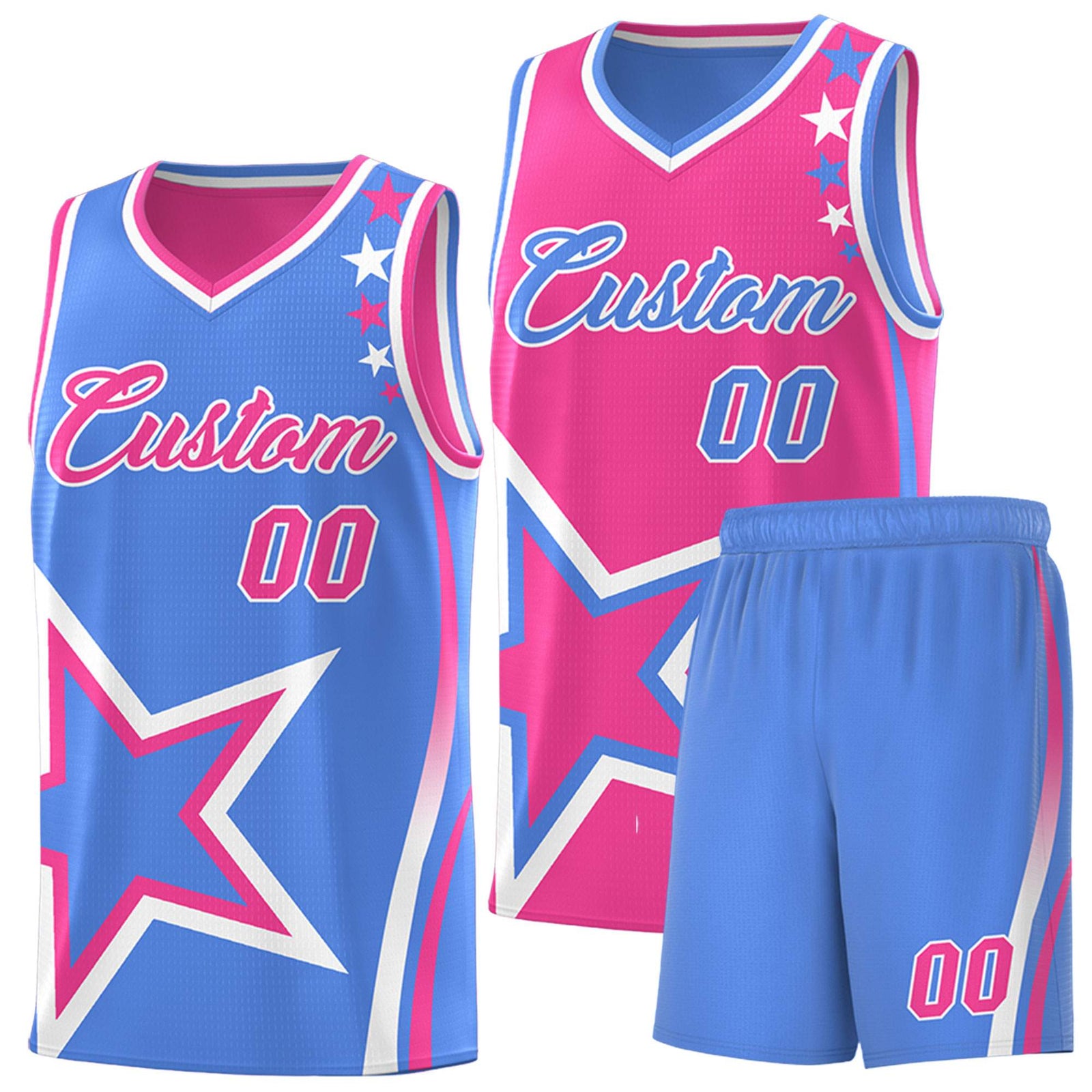 Custom Light Blue Pink Reversible Color Block Start Pattern Sports Uniform Basketball Jersey Kits