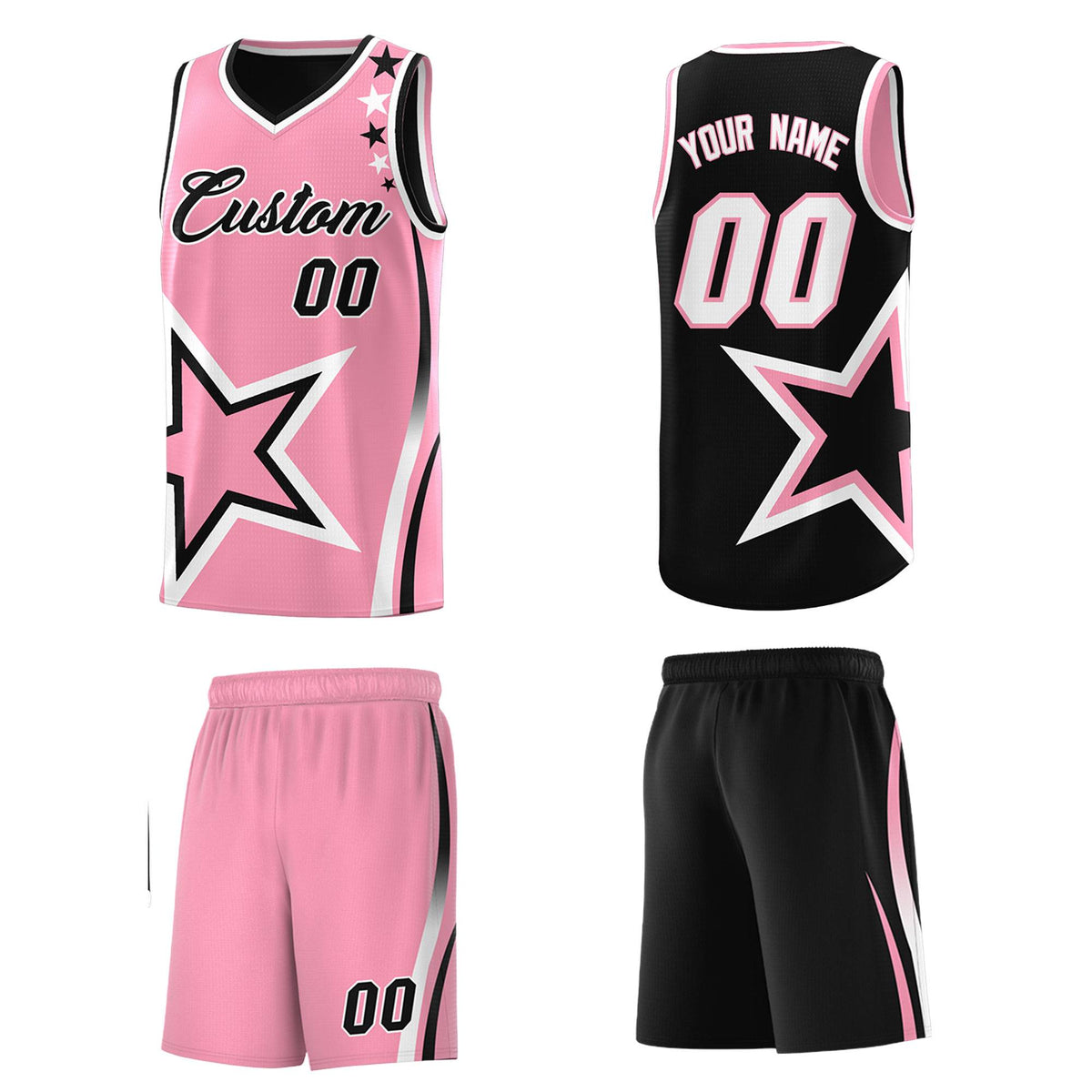 Custom Black Light Pink Reversible Color Block Start Pattern Sports Uniform Basketball Jersey Kits