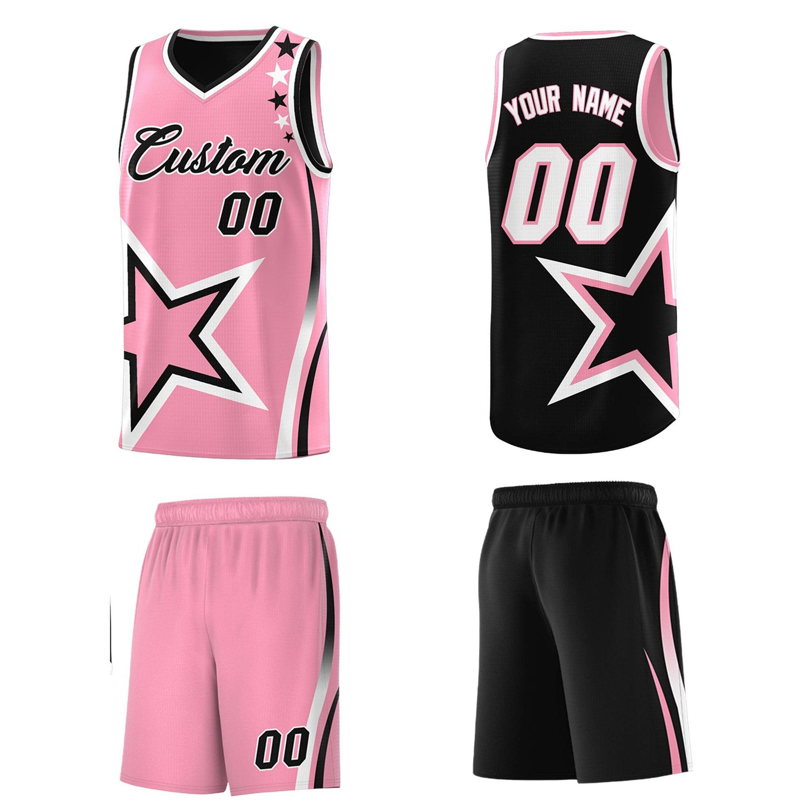 Custom Black Light Pink Reversible Color Block Start Pattern Sports Uniform Basketball Jersey Kits