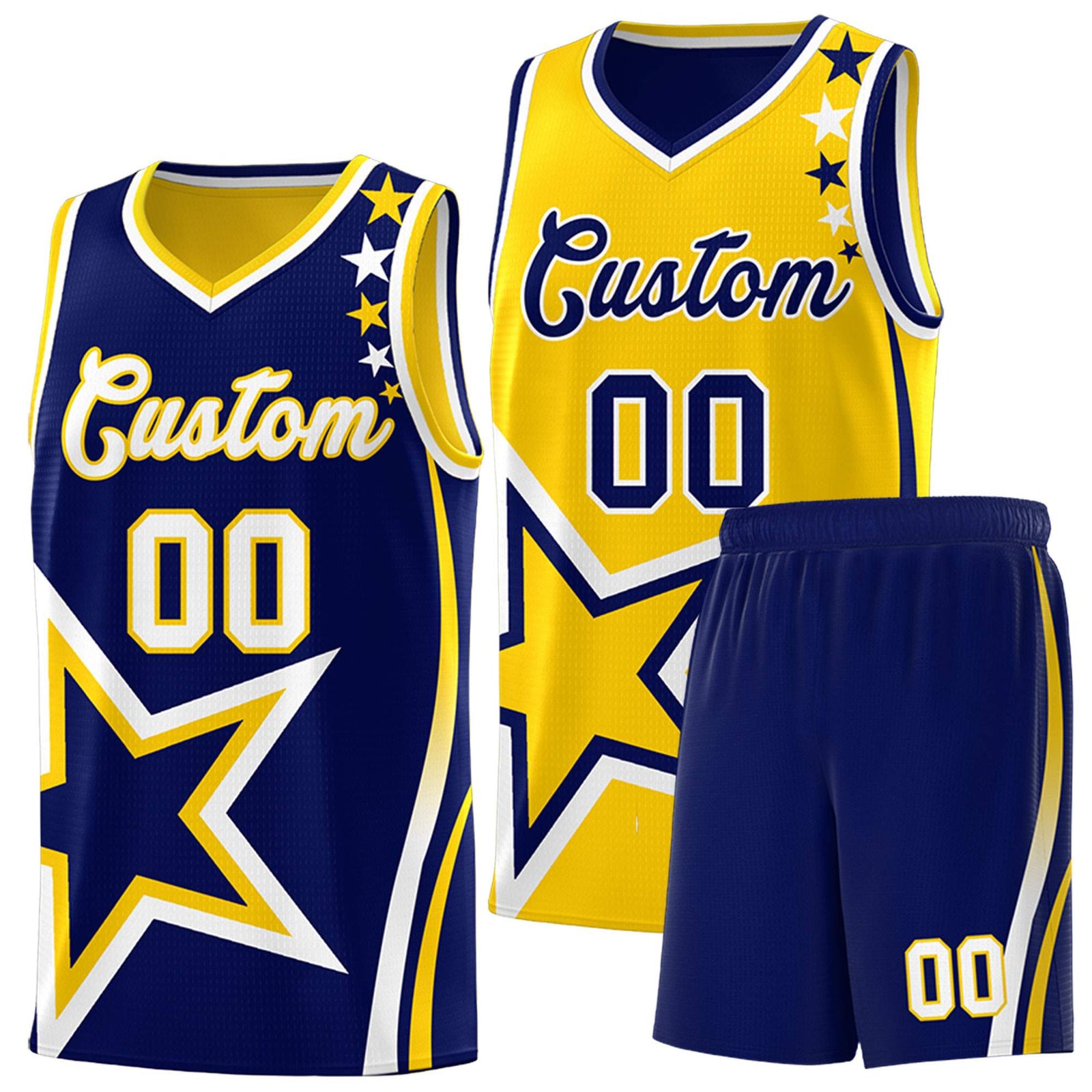 Custom Navy Gold Reversible Color Block Start Pattern Sports Uniform Basketball Jersey Kits