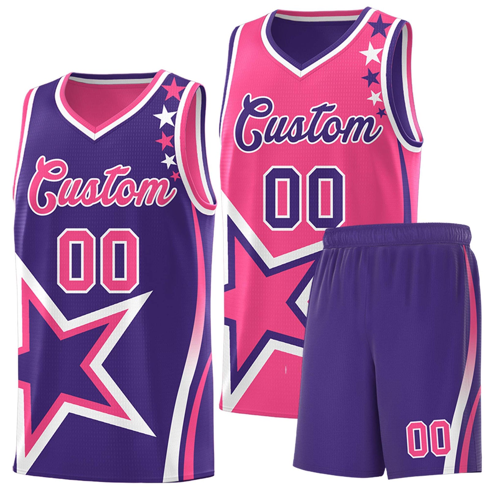 Custom Purple Pink Reversible Color Block Start Pattern Sports Uniform Basketball Jersey Kits