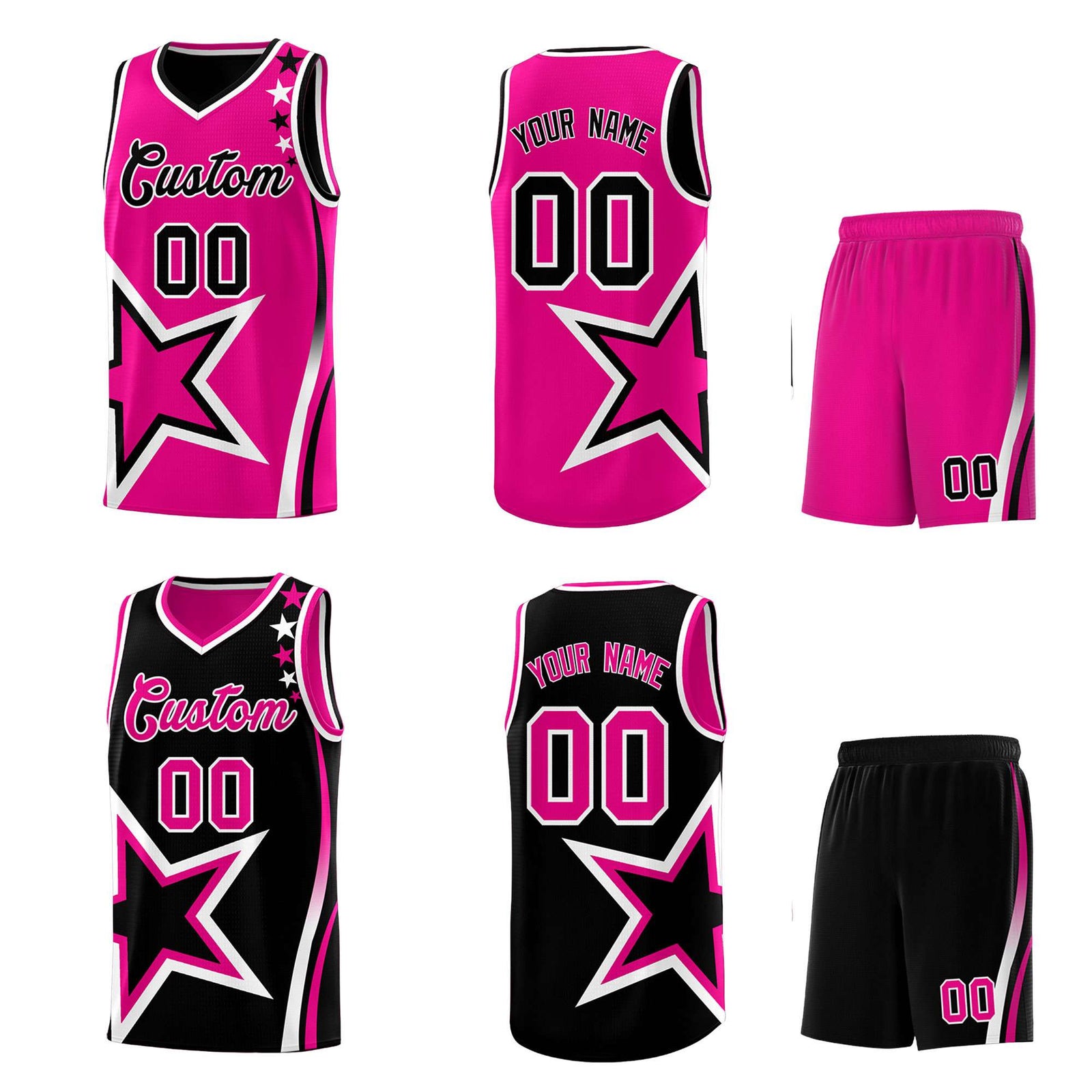 Custom Black Rose red Reversible Color Block Start Pattern Sports Uniform Basketball Jersey Kits