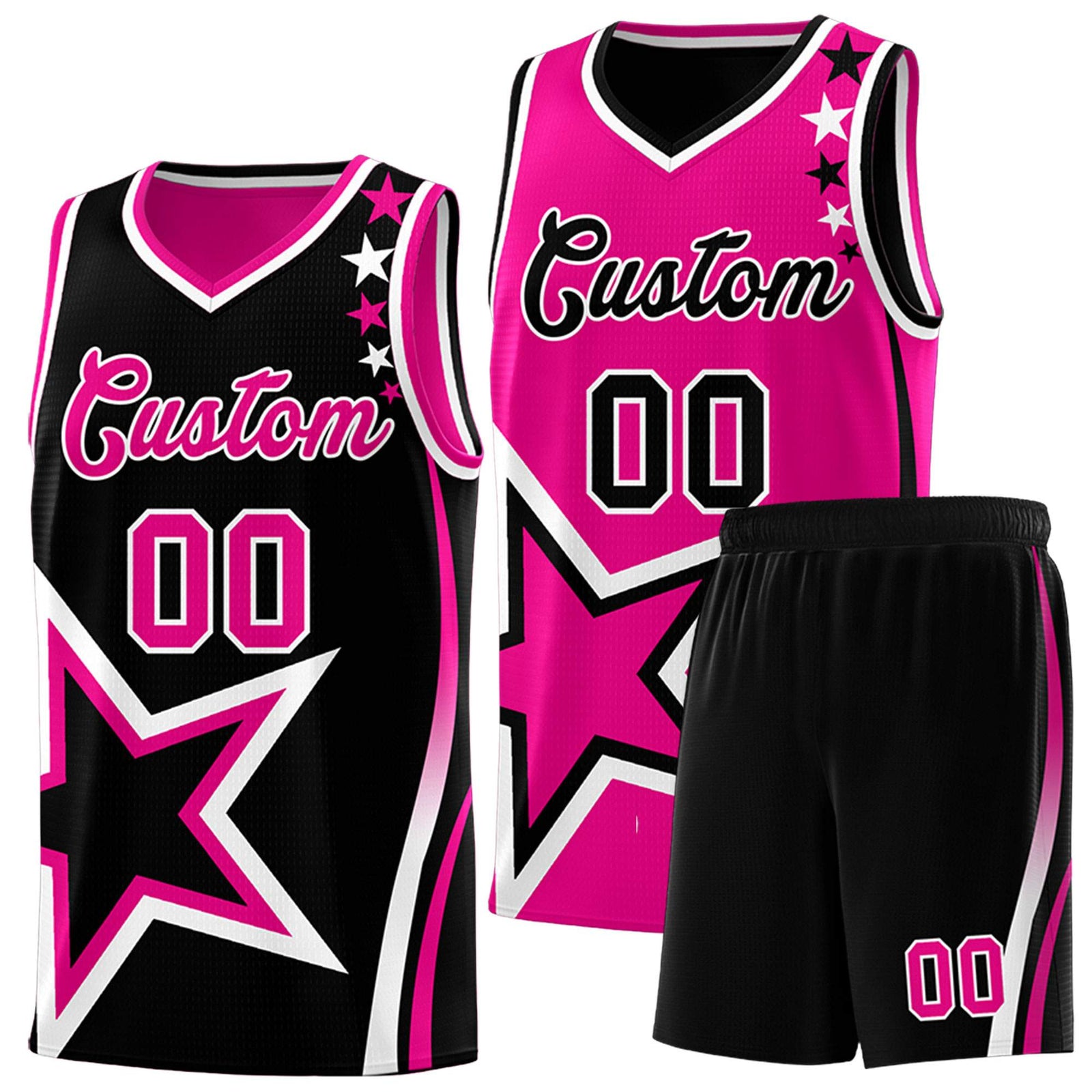 Custom Black Rose red Reversible Color Block Start Pattern Sports Uniform Basketball Jersey Kits
