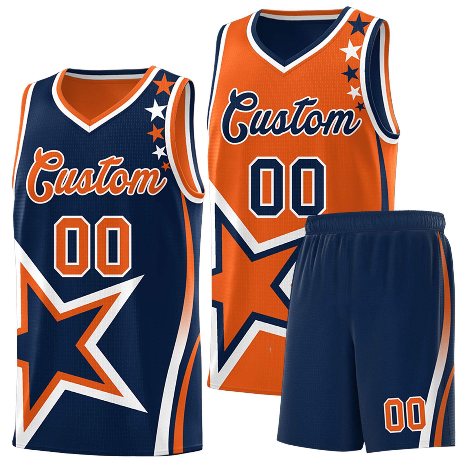 Custom Navy Orange Reversible Color Block Start Pattern Sports Uniform Basketball Jersey Kits
