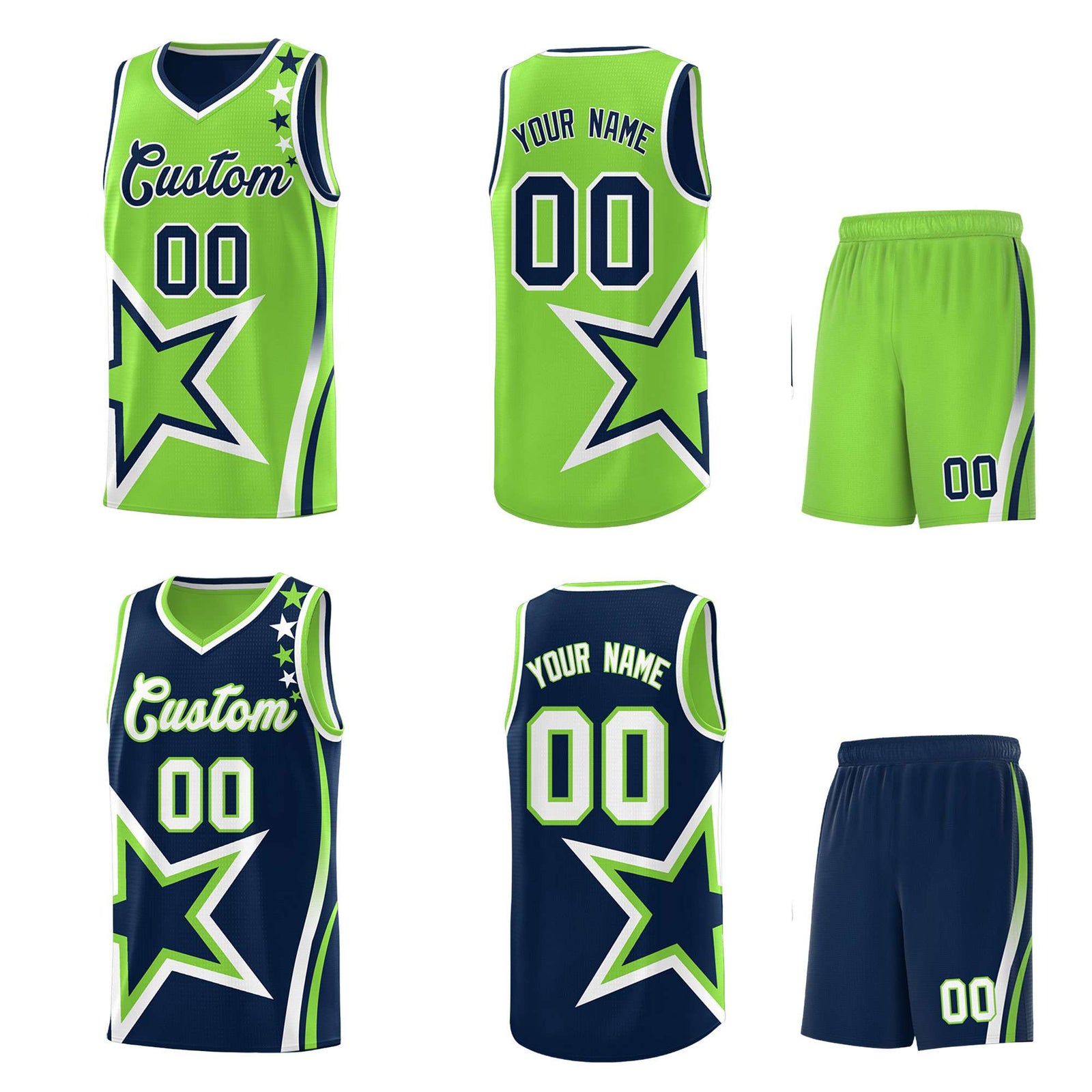 Custom Navy Neon Green Reversible Color Block Start Pattern Sports Uniform Basketball Jersey Kits