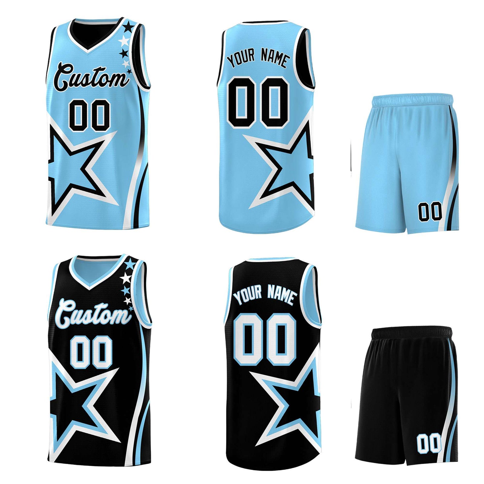 Custom Black Powder Blue Reversible Color Block Start Pattern Sports Uniform Basketball Jersey Kits